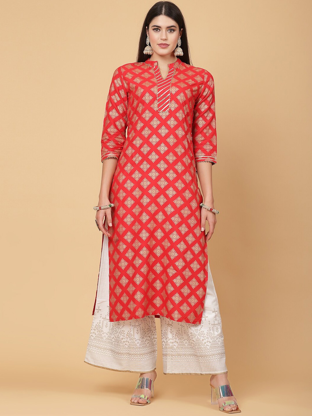 

Pistaa Ethnic Motifs Printed Mandarin Collar Regular Gotta Patti Kurta with Palazzos, Red