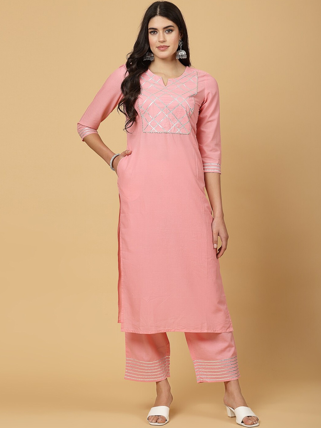 

Pistaa Yoke Design Regular Gotta Patti Pure Cotton Kurta With Palazzo, Pink