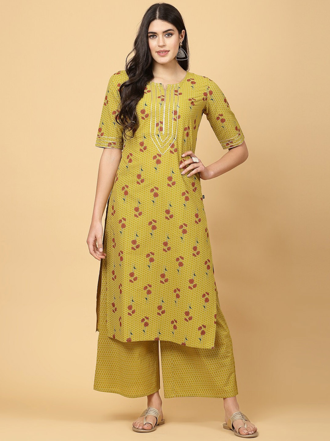

Pistaa Floral Printed Regular Gotta Patti Pure Cotton Kurta With Palazzo, Yellow