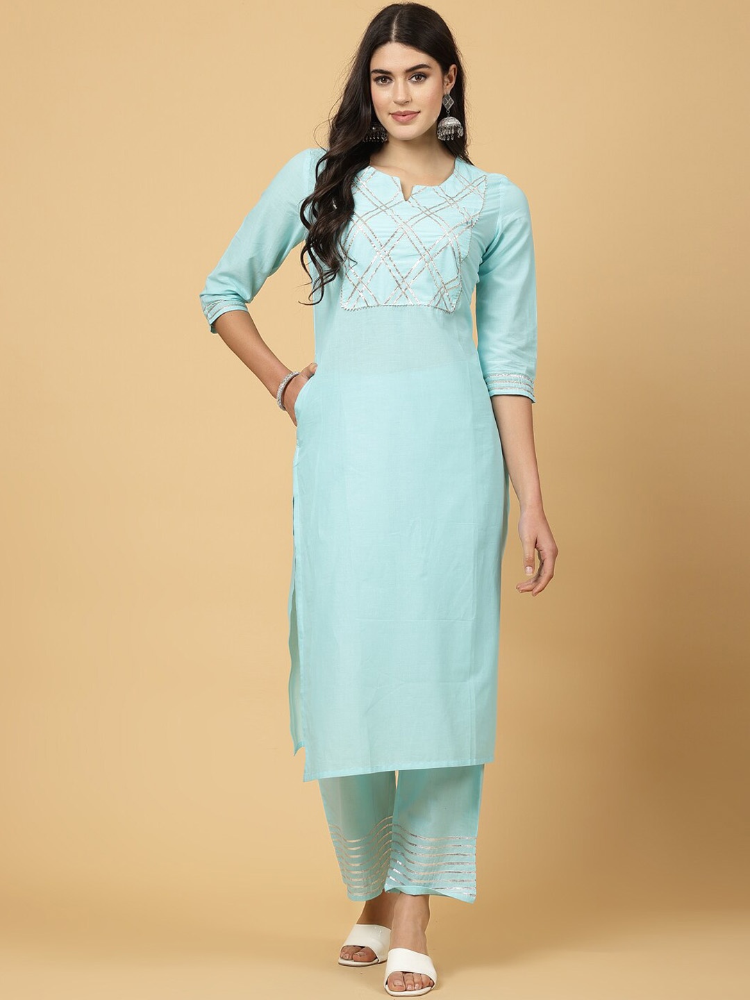 

Pistaa Yoke Design Regular Gotta Patti Pure Cotton Kurta With Palazzos, Blue