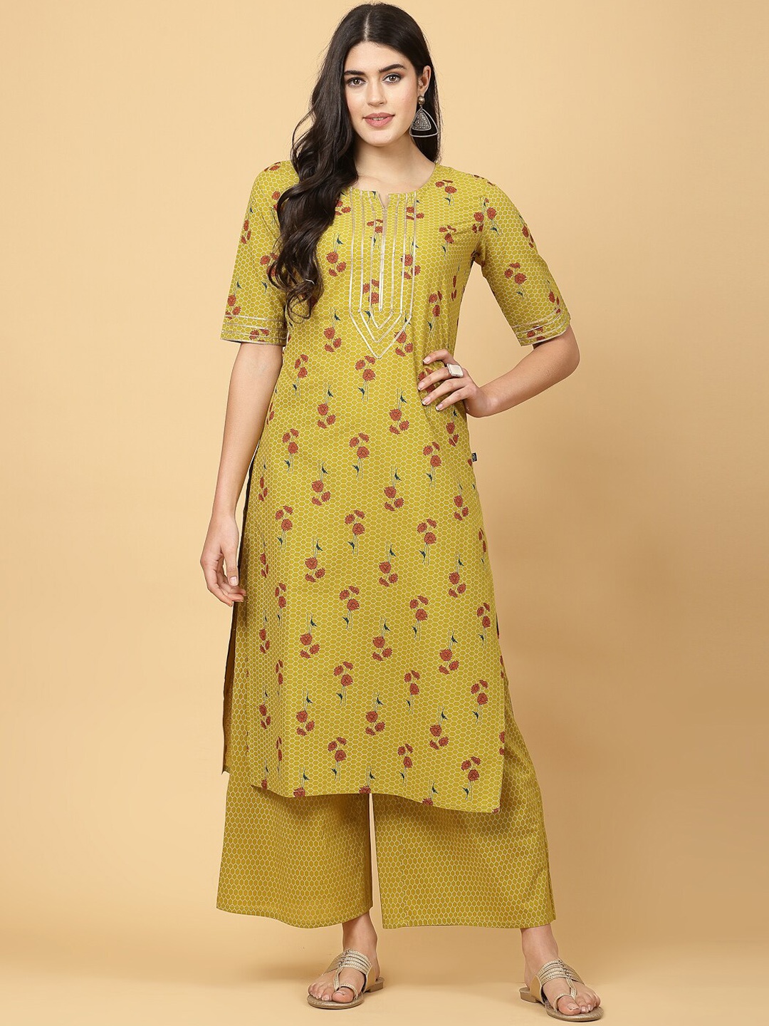 

Pistaa Floral Printed Pure Cotton Kurta With Palazzo, Yellow