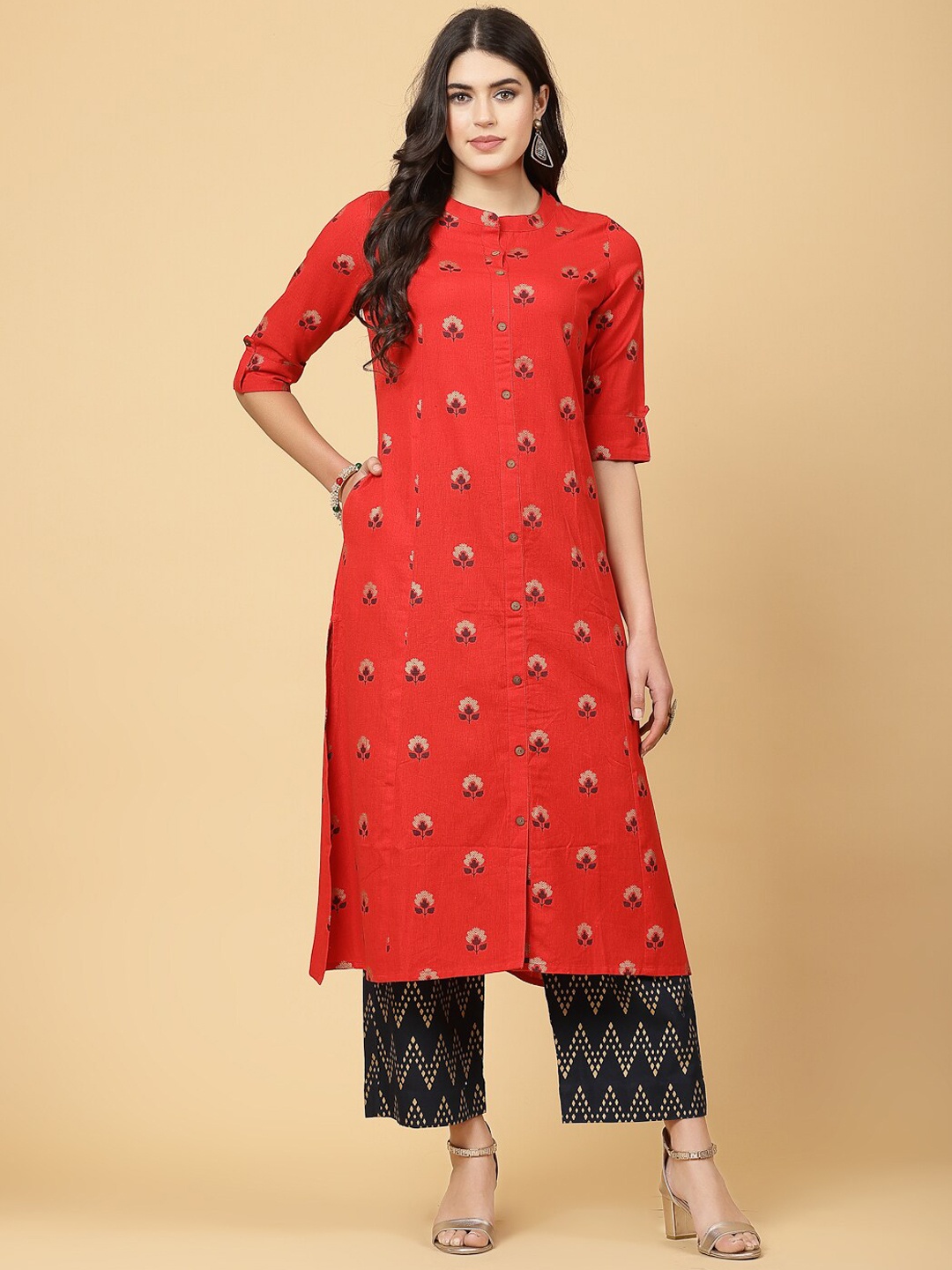 

Pistaa Floral Printed Mandarin Collar Regular Cotton Kurta With Palazzo, Red