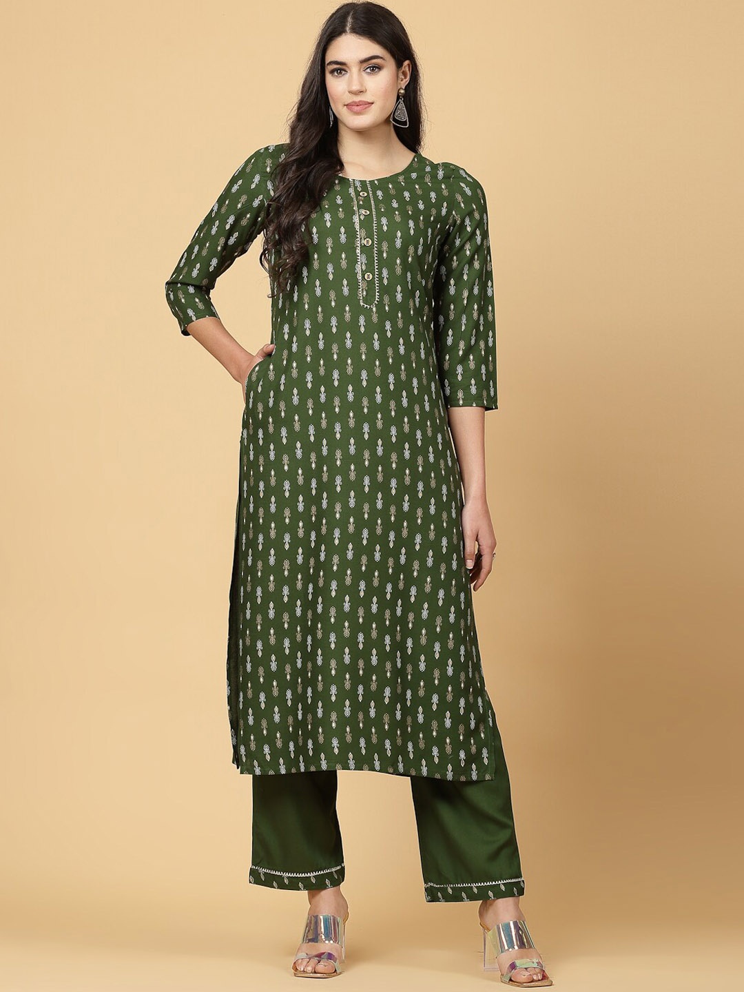 

Pistaa Ethnic Motifs Printed Regular Gotta Patti Kurta With Palazzo, Green