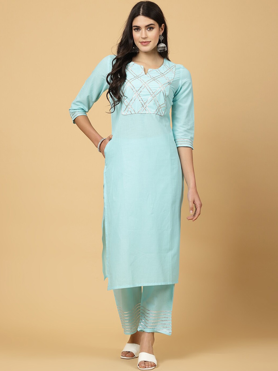 

Pistaa Yoke Design Regular Gotta Patti Pure Cotton Kurta With Palazzos, Blue