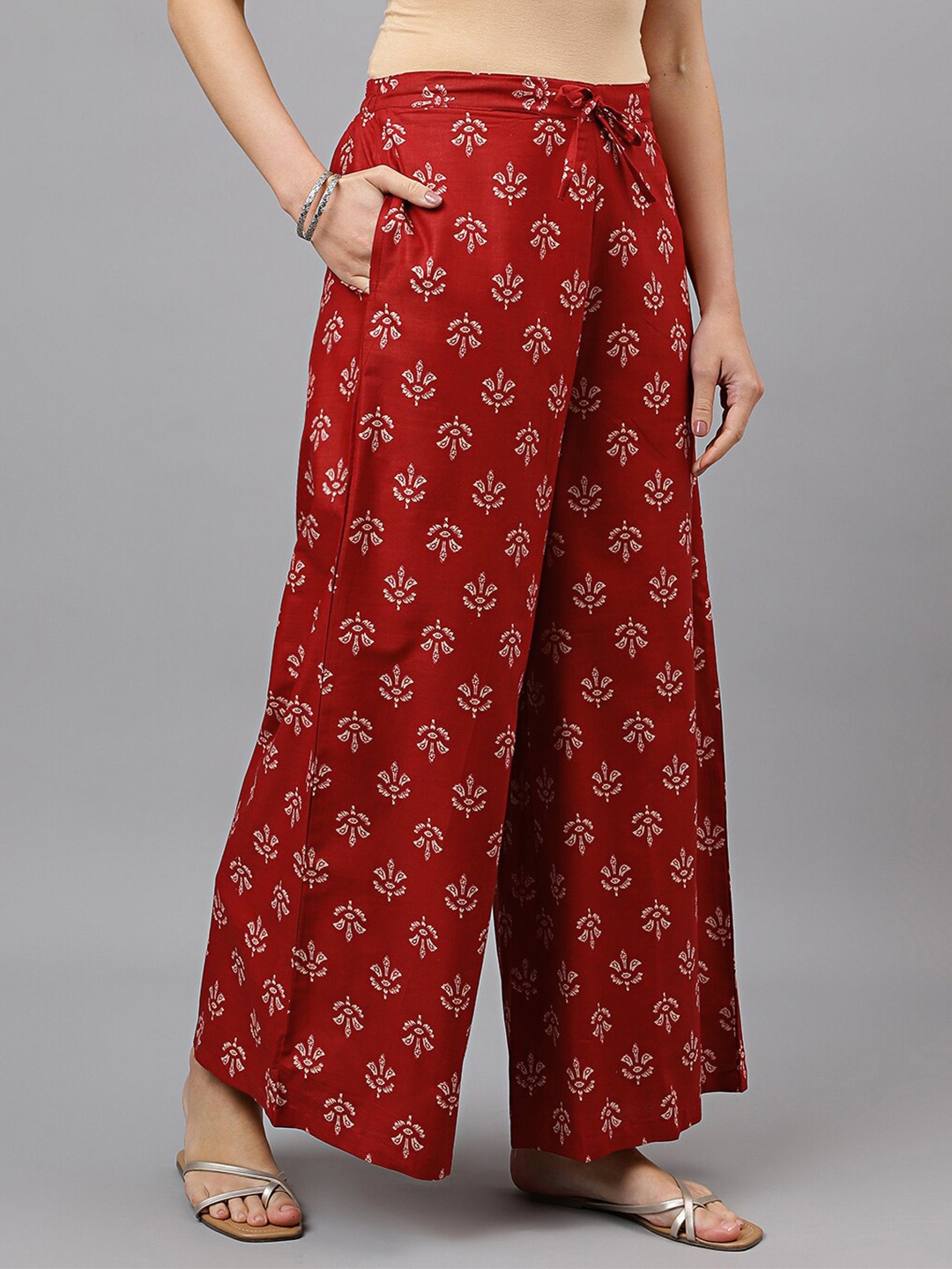 

RATAN Women Ethnic Motifs Printed Pure Cotton Flared Ethnic Palazzos, Maroon