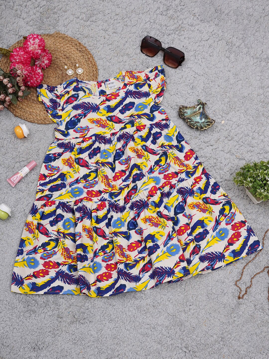 

Creative Kids Girls Graphic Printed Flutter Sleeve Fit & Flare Dress, Yellow