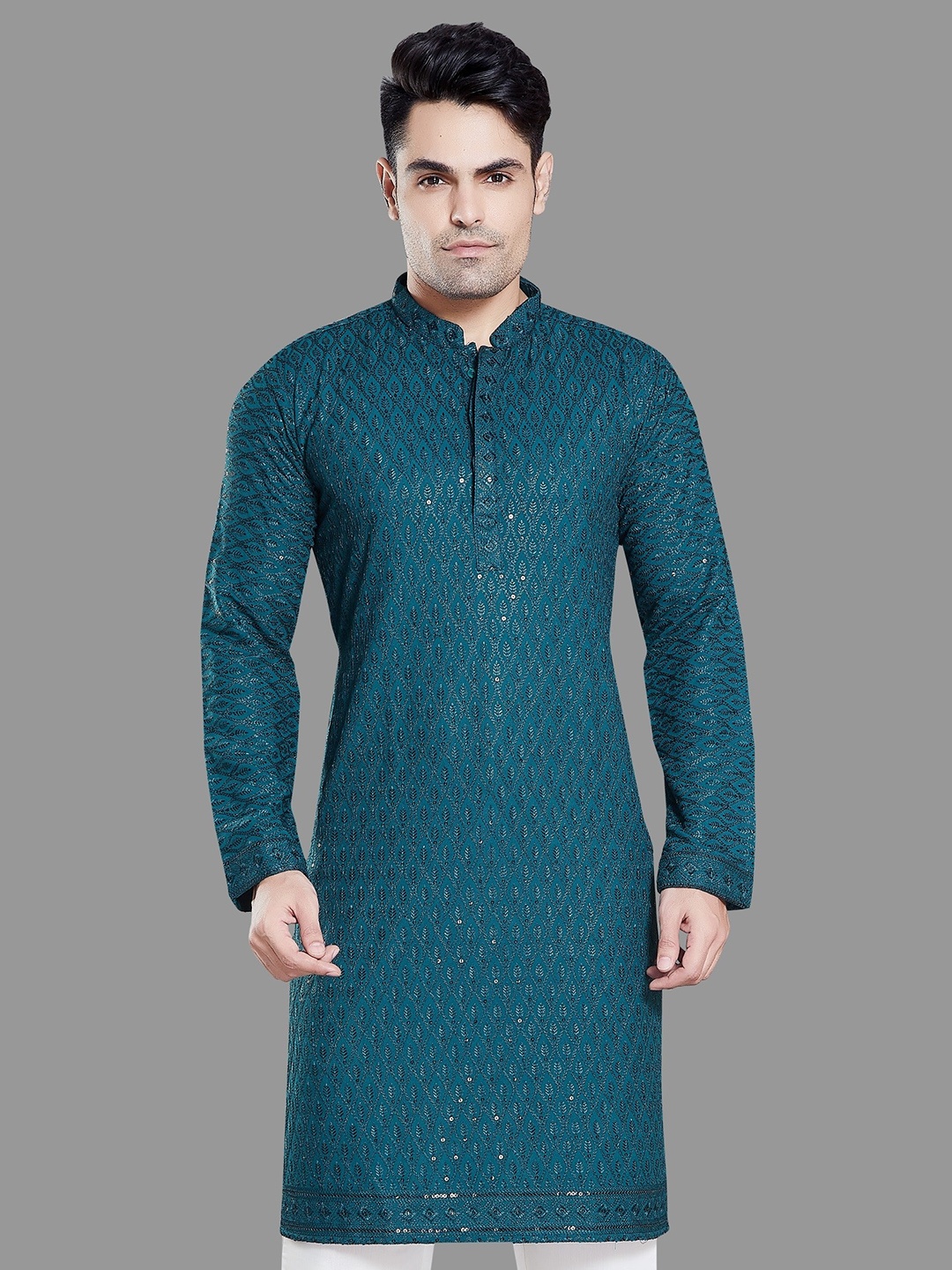 

Rani Saahiba Ethnic Motifs Embroidered Sequinned Kurta, Turquoise blue