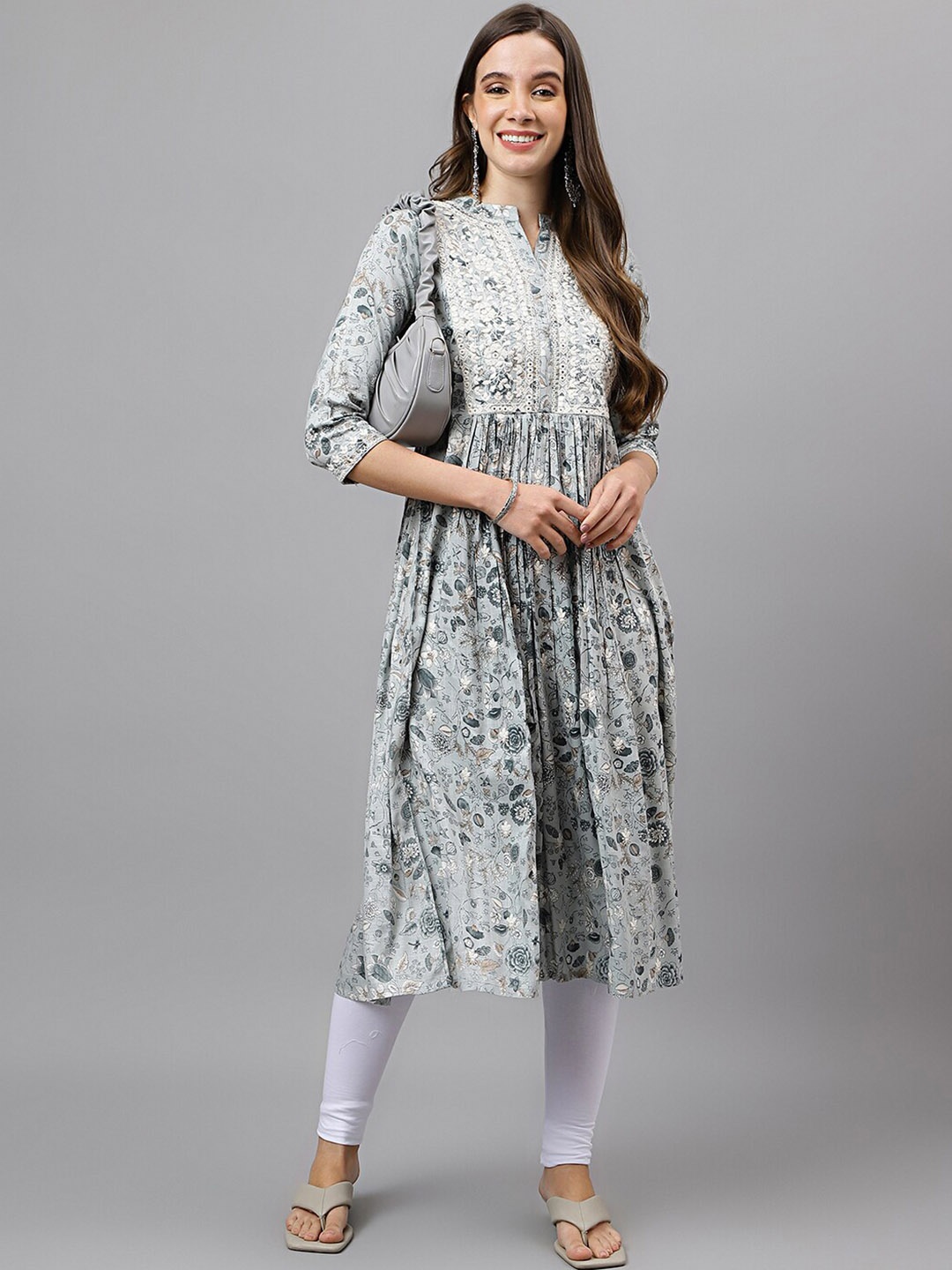 

RATAN Floral Printed Mandarin Collar Thread Work Straight Kurta, Grey