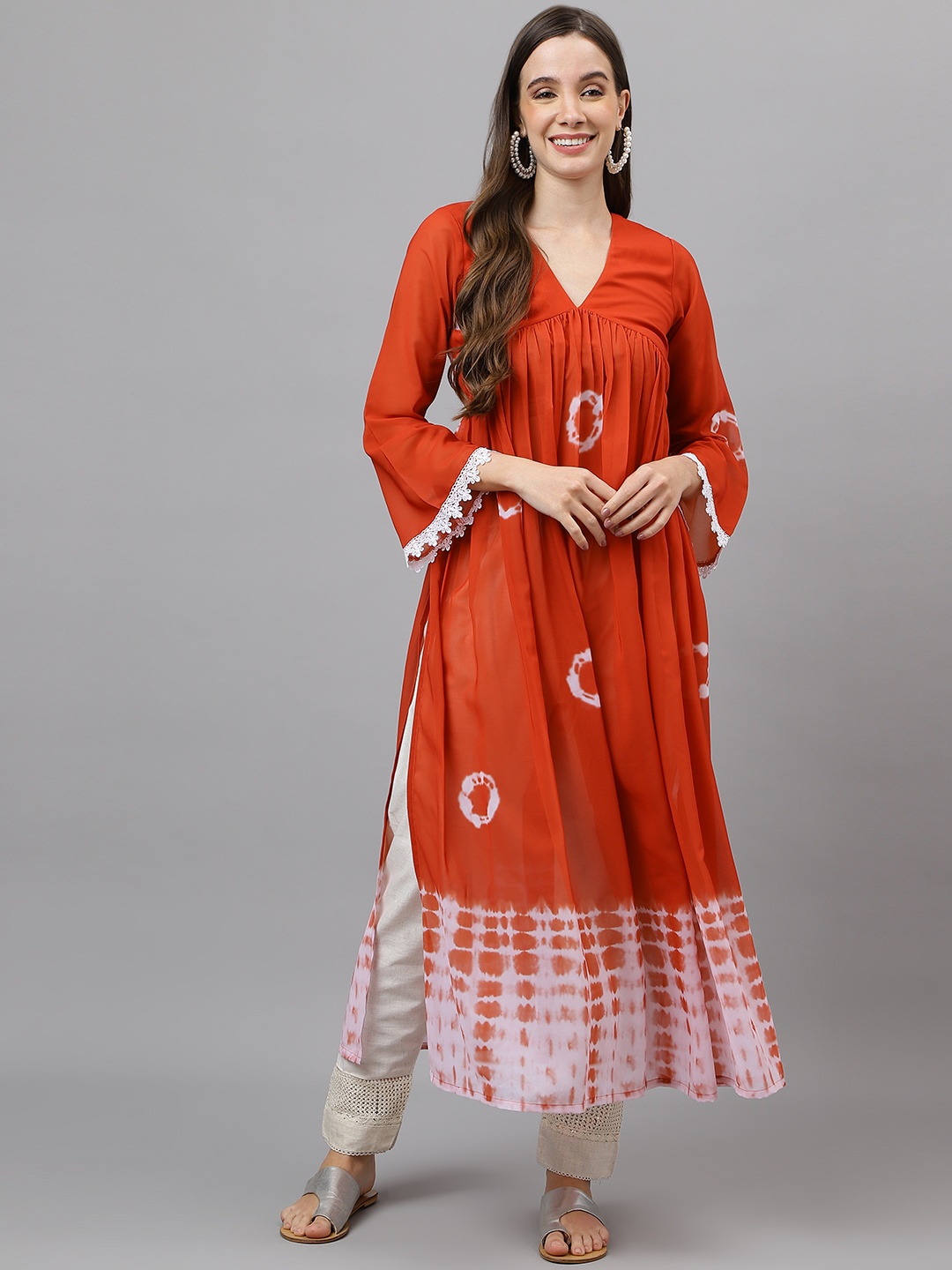 

RATAN Georgette Tie-Dye Shibori Alia Cut Kurta, Rust
