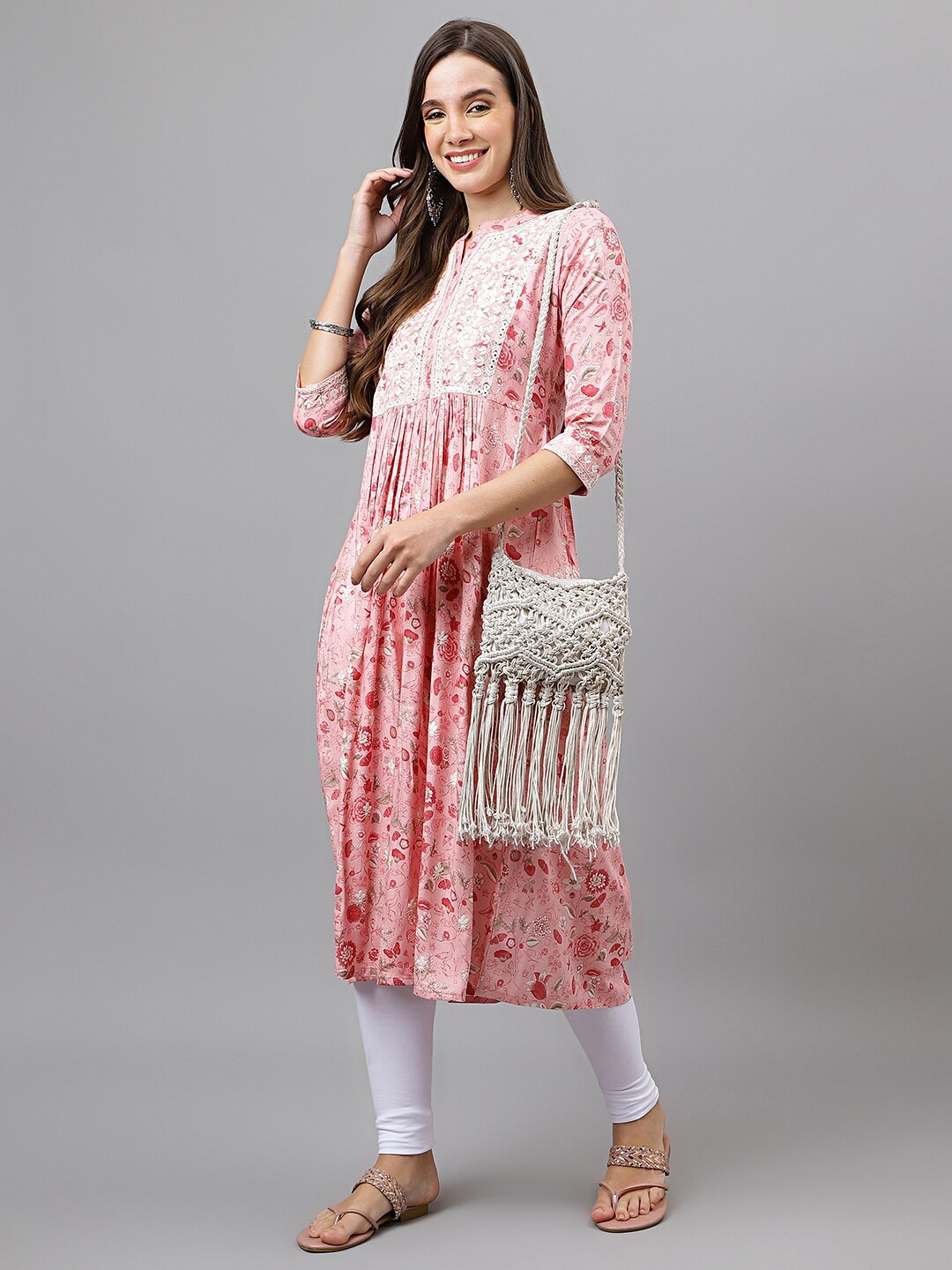 

RATAN Women Floral Printed Flared Sleeves Thread Work Pastels Kurta, Pink
