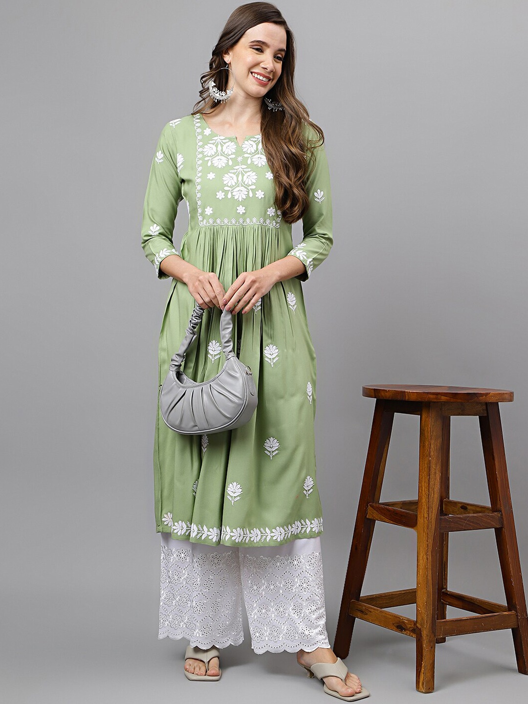 

RATAN Floral Embroidered Chikankari Pleated A-Line Kurta, Green