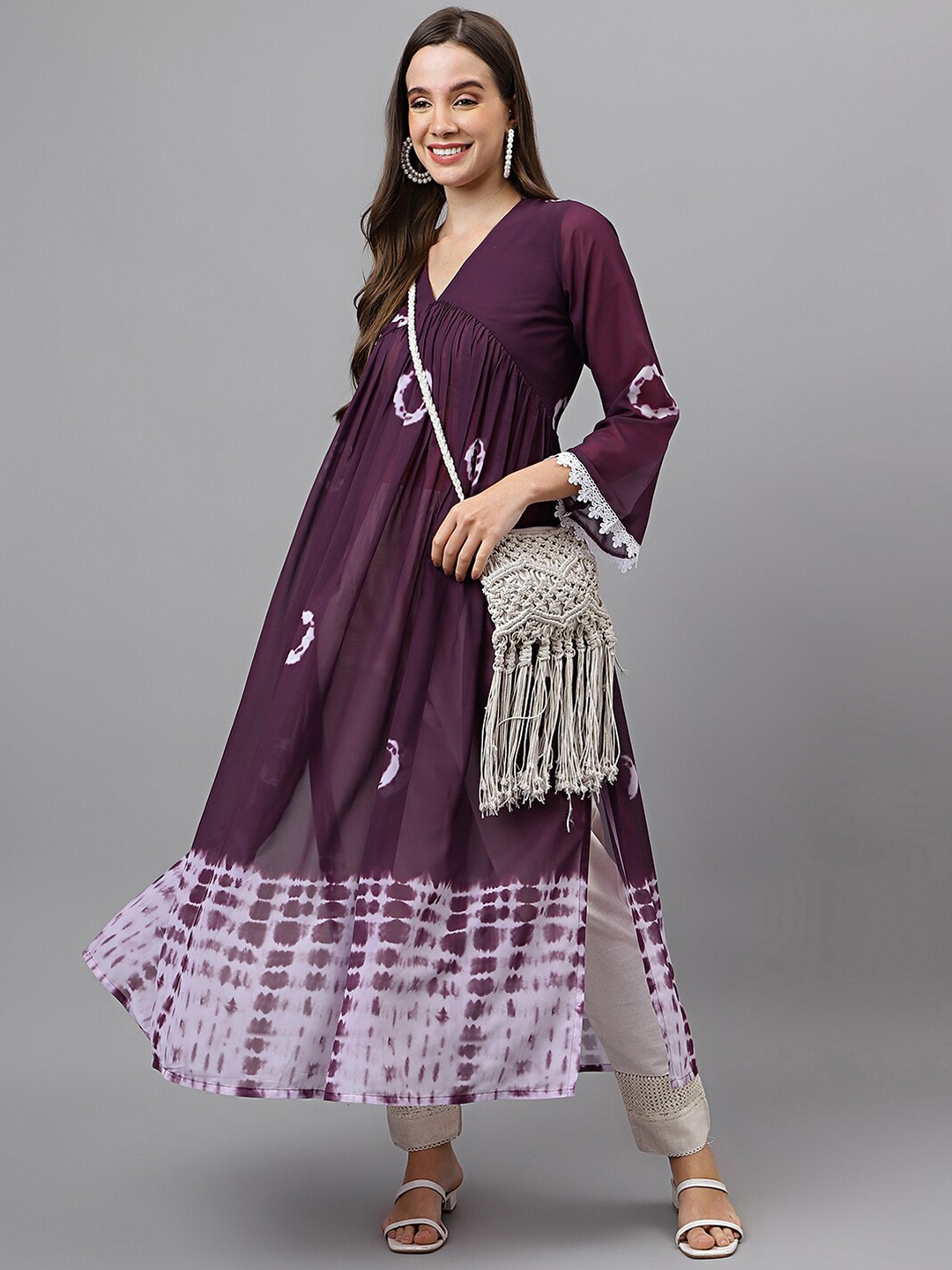 

RATAN Georgette Tie-Dye Shibori Alia Cut Kurta, Purple