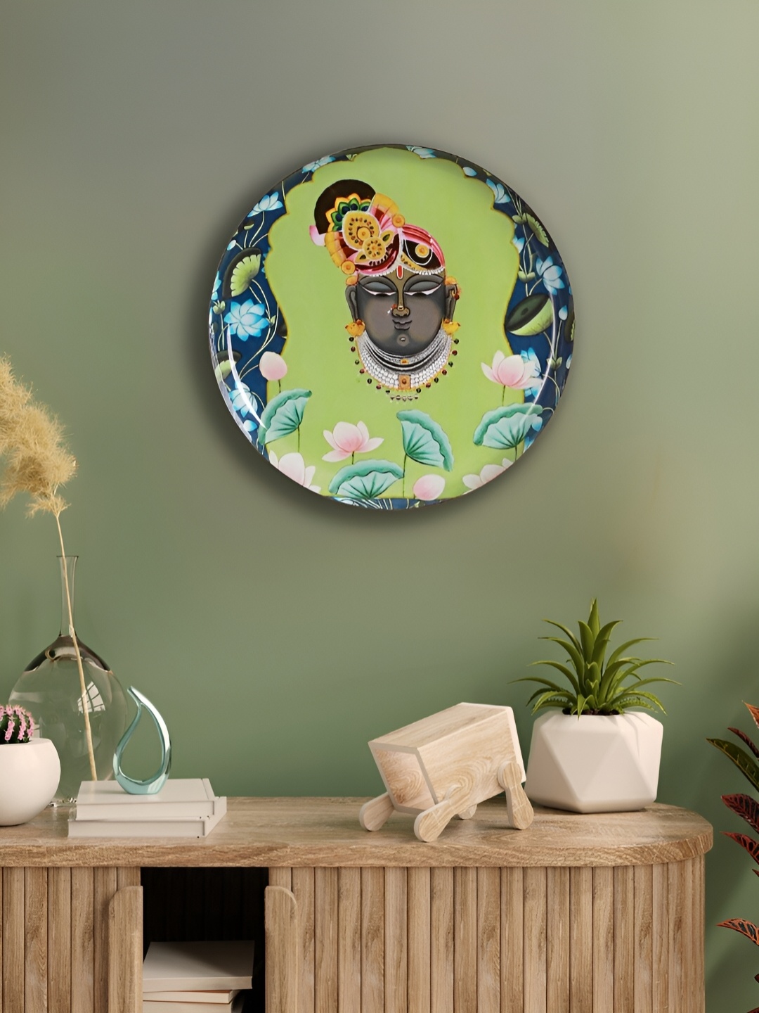 

Homspurts Green & Blue Printed Shreenathji Metal Hanging Wall Plate