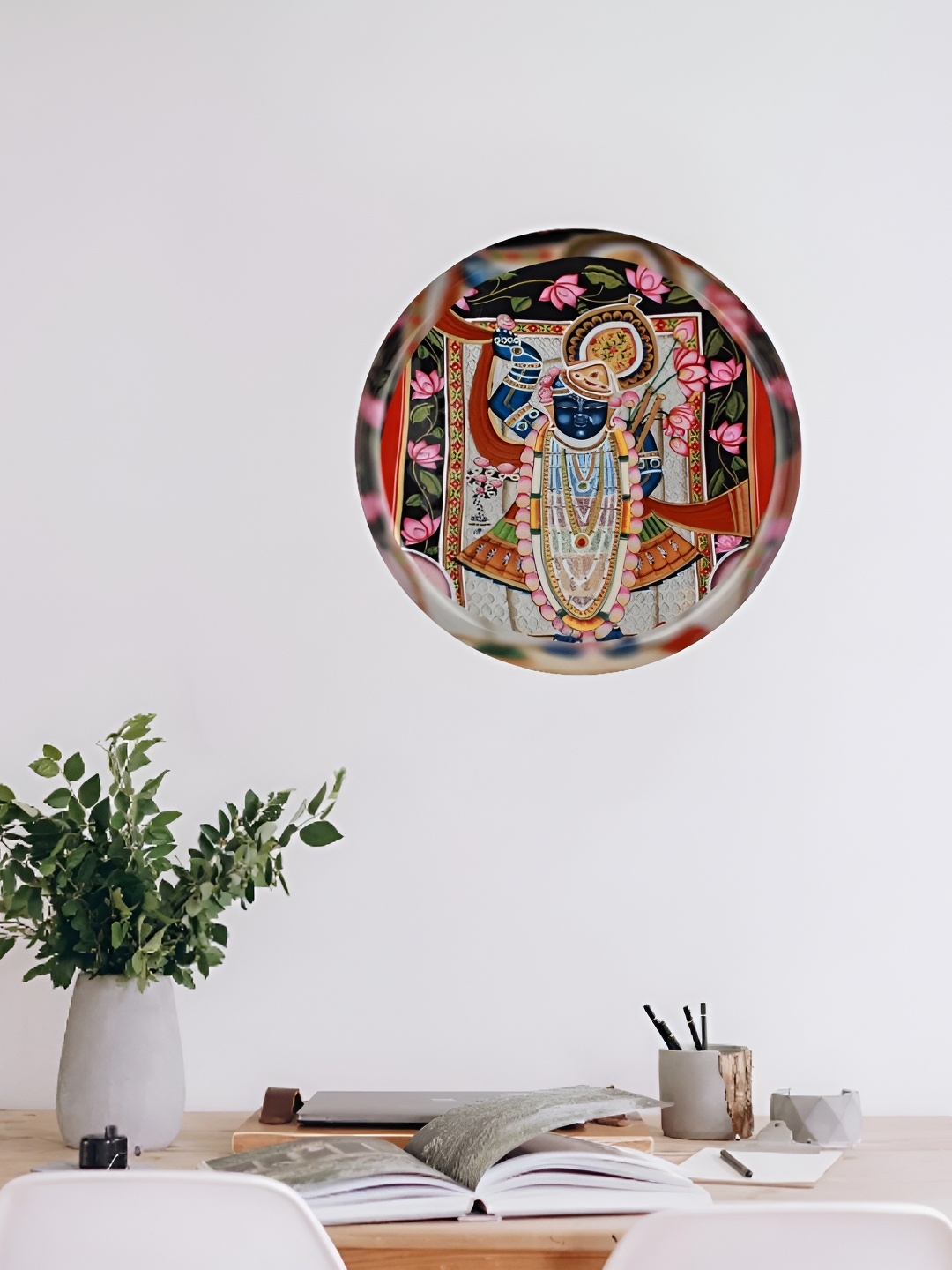 

Homspurts Beige & Green Shreenathji Metal Hanging Wall Plate