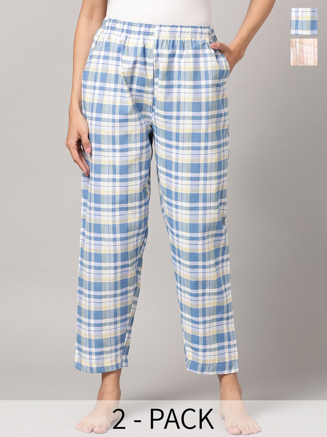 

Kryptic Women Pack Of 2 Checked Cotton Lounge Pants, Blue