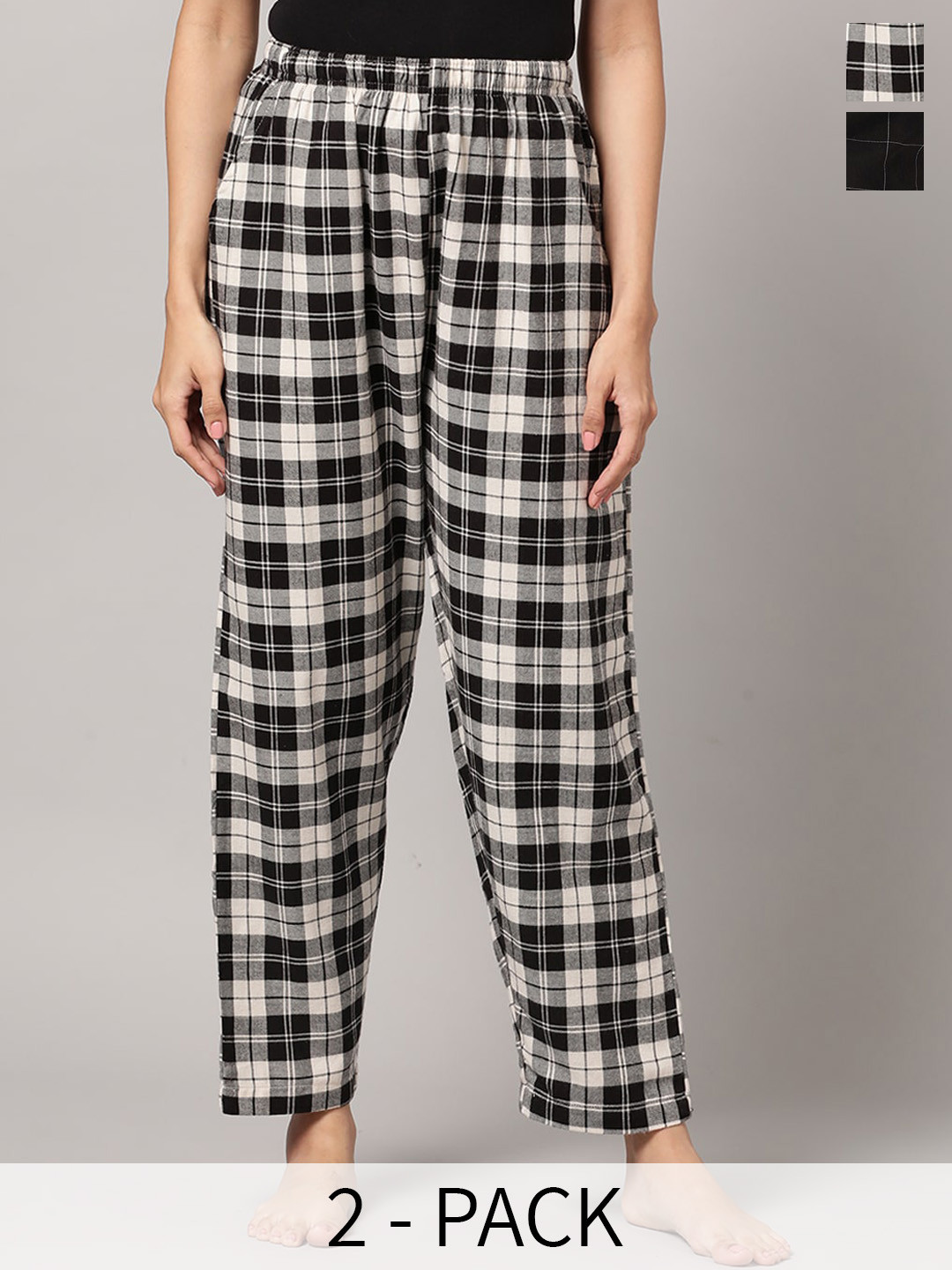 

Kryptic Women Pack Of 2 Checked Cotton Lounge Pants, Black