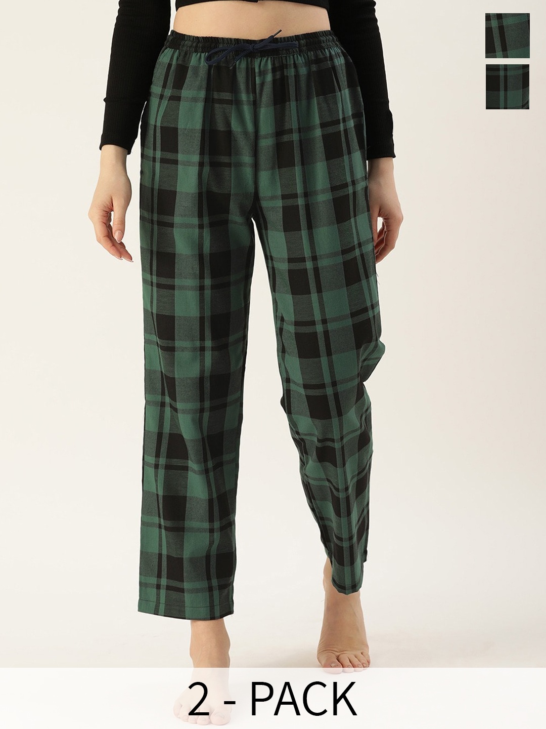 

Kryptic Women Pack Of 2 Checked Cotton Lounge Pants, Green