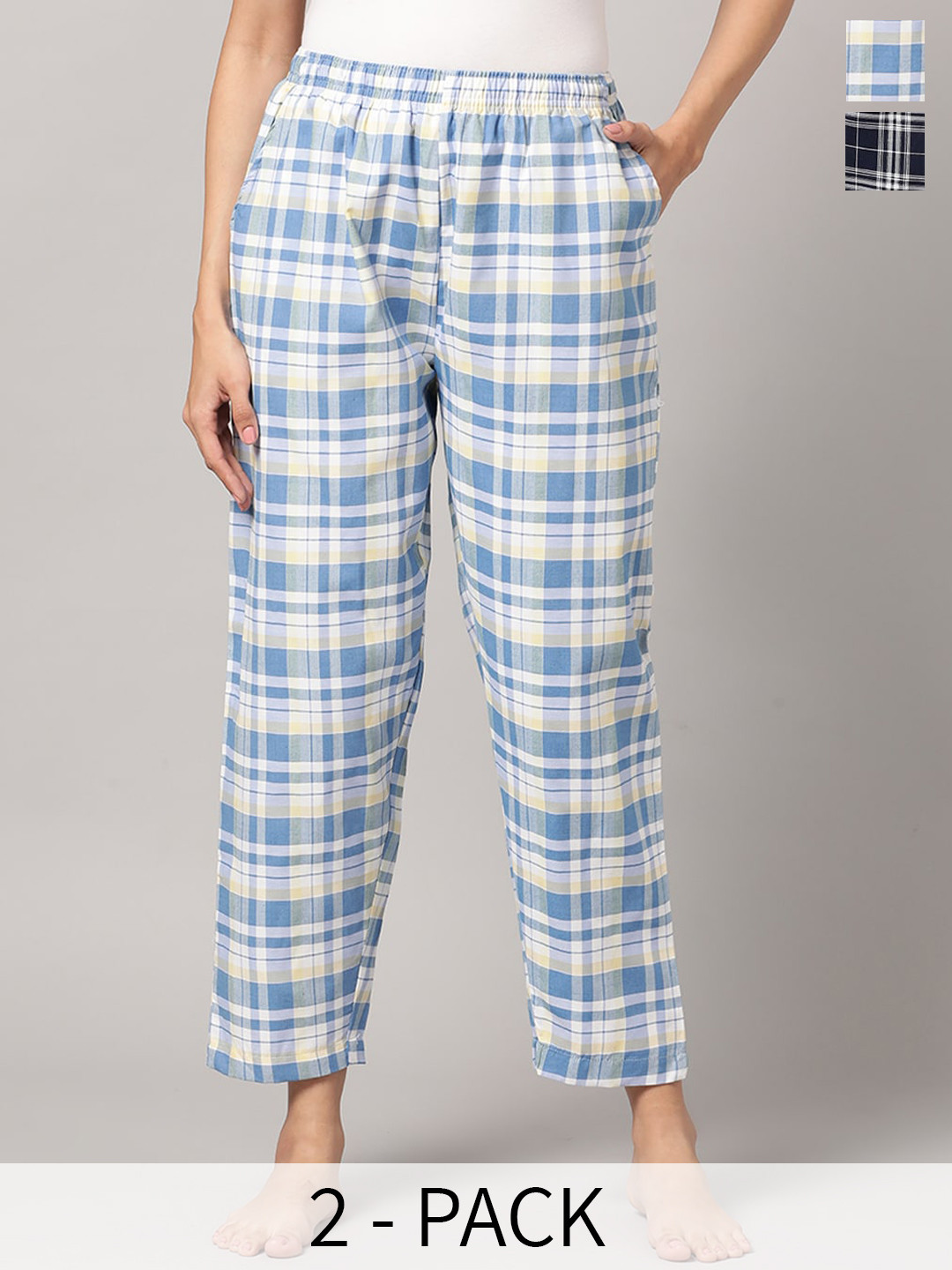 

Kryptic Women Pack Of 2 Checked Cotton Lounge Pants, Blue