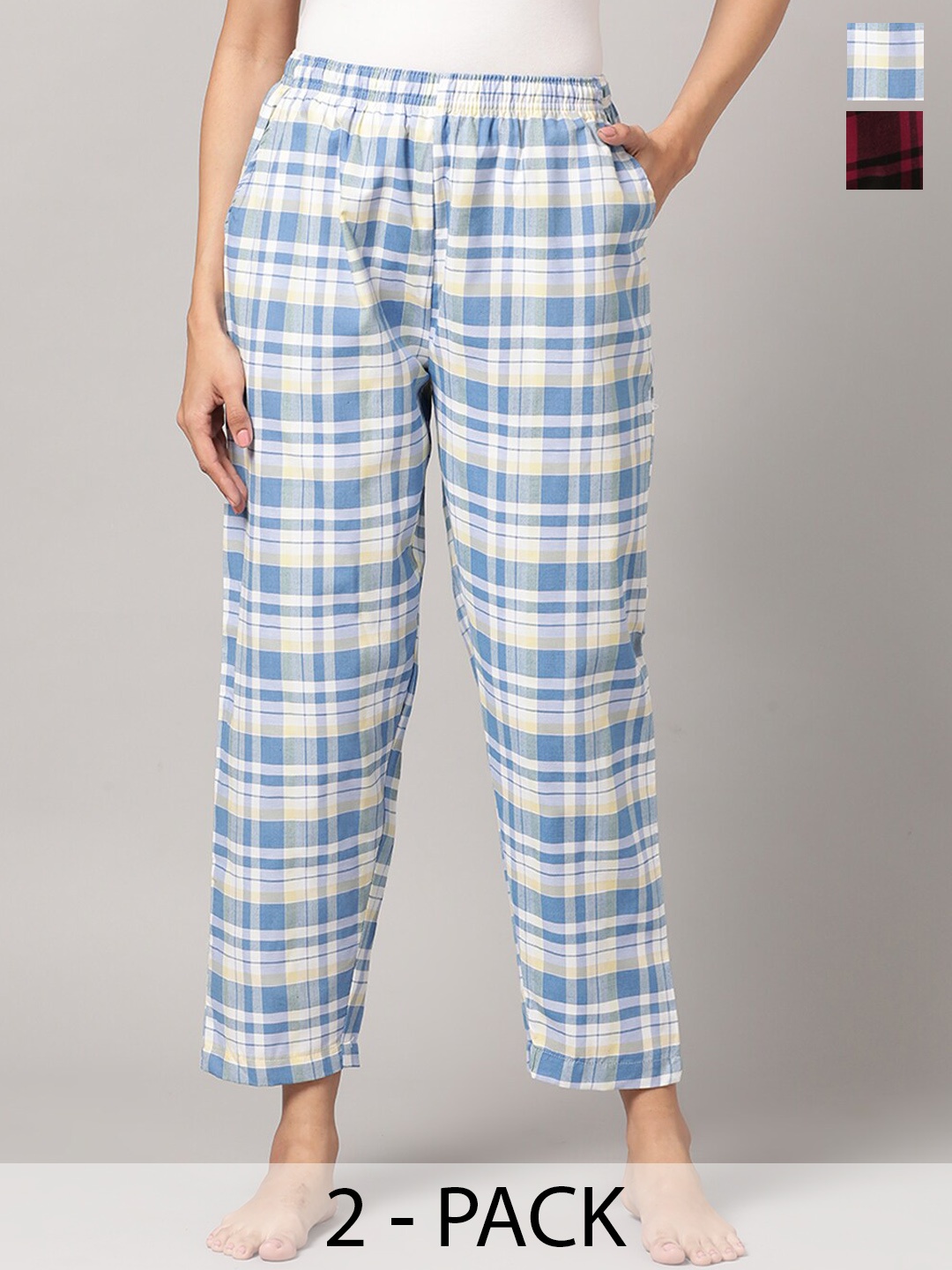 

Kryptic Women Pack Of 2 Checked Cotton Lounge Pants, Blue