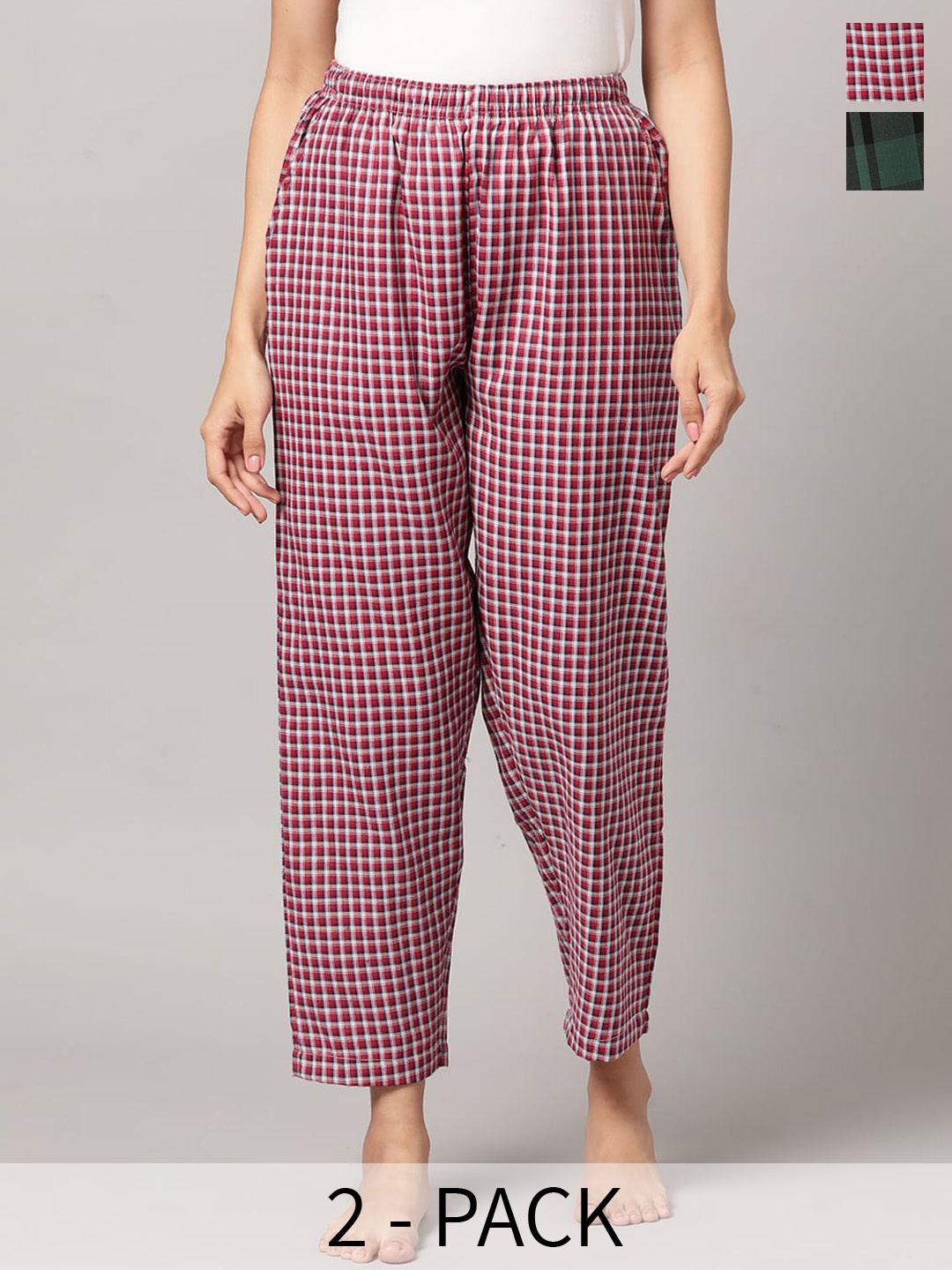 

Kryptic Women Pack Of 2 Checked Cotton Lounge Pants, Maroon