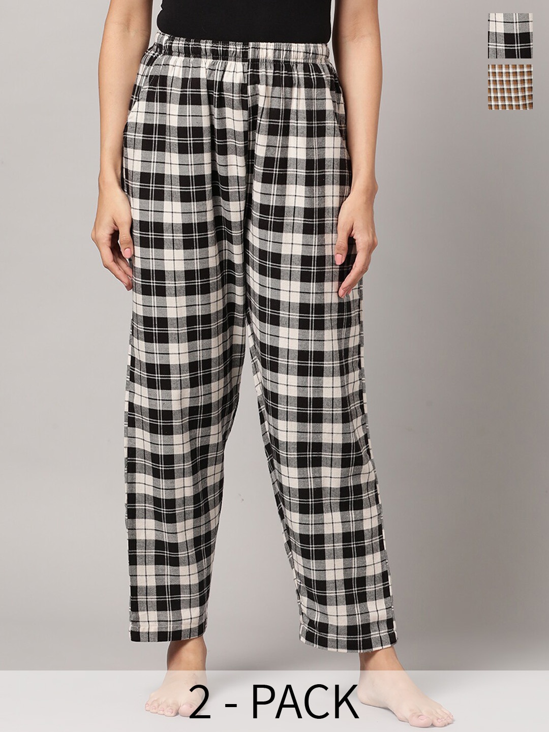 

Kryptic Women Pack Of 2 Checked Cotton Lounge Pants, Brown