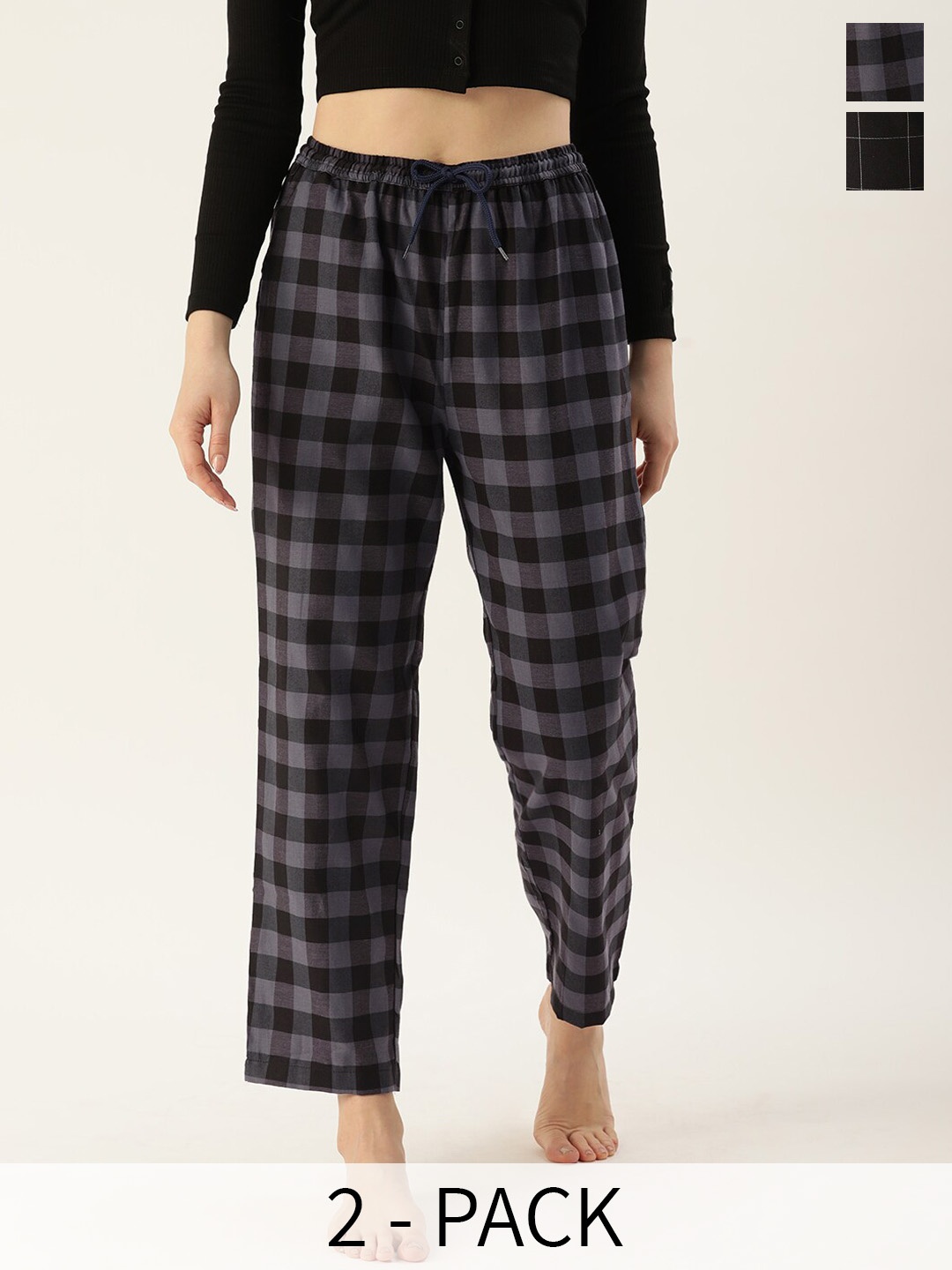 

Kryptic Women Pack Of 2 Checked Cotton Lounge Pants, Black