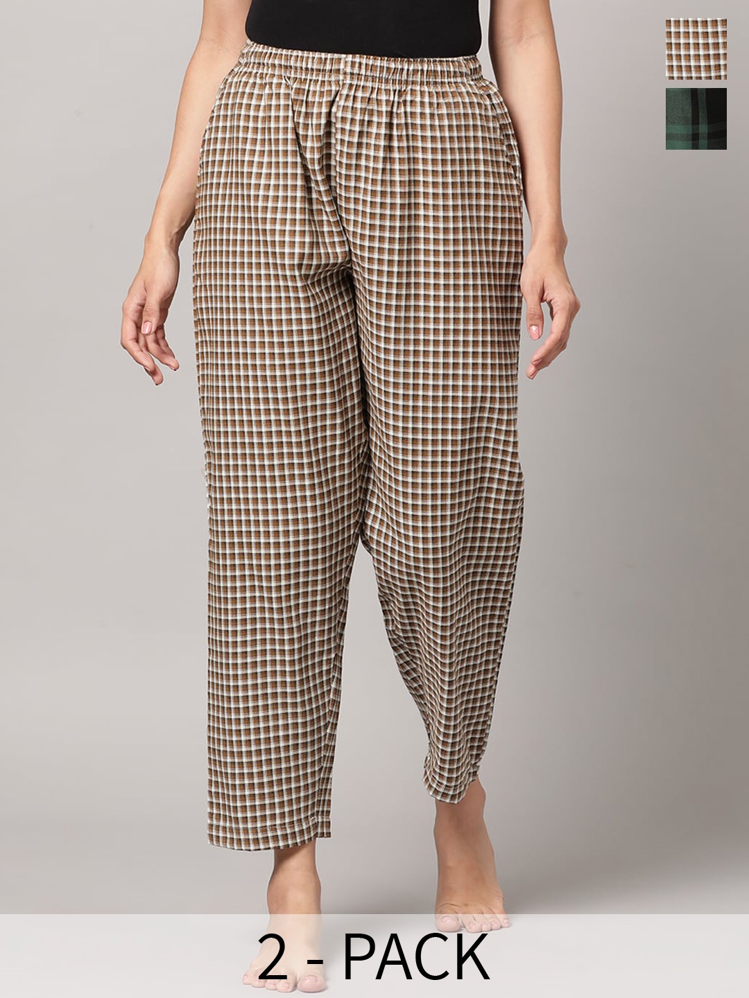 

Kryptic Women Pack Of 2 Checked Cotton Lounge Pants, Brown