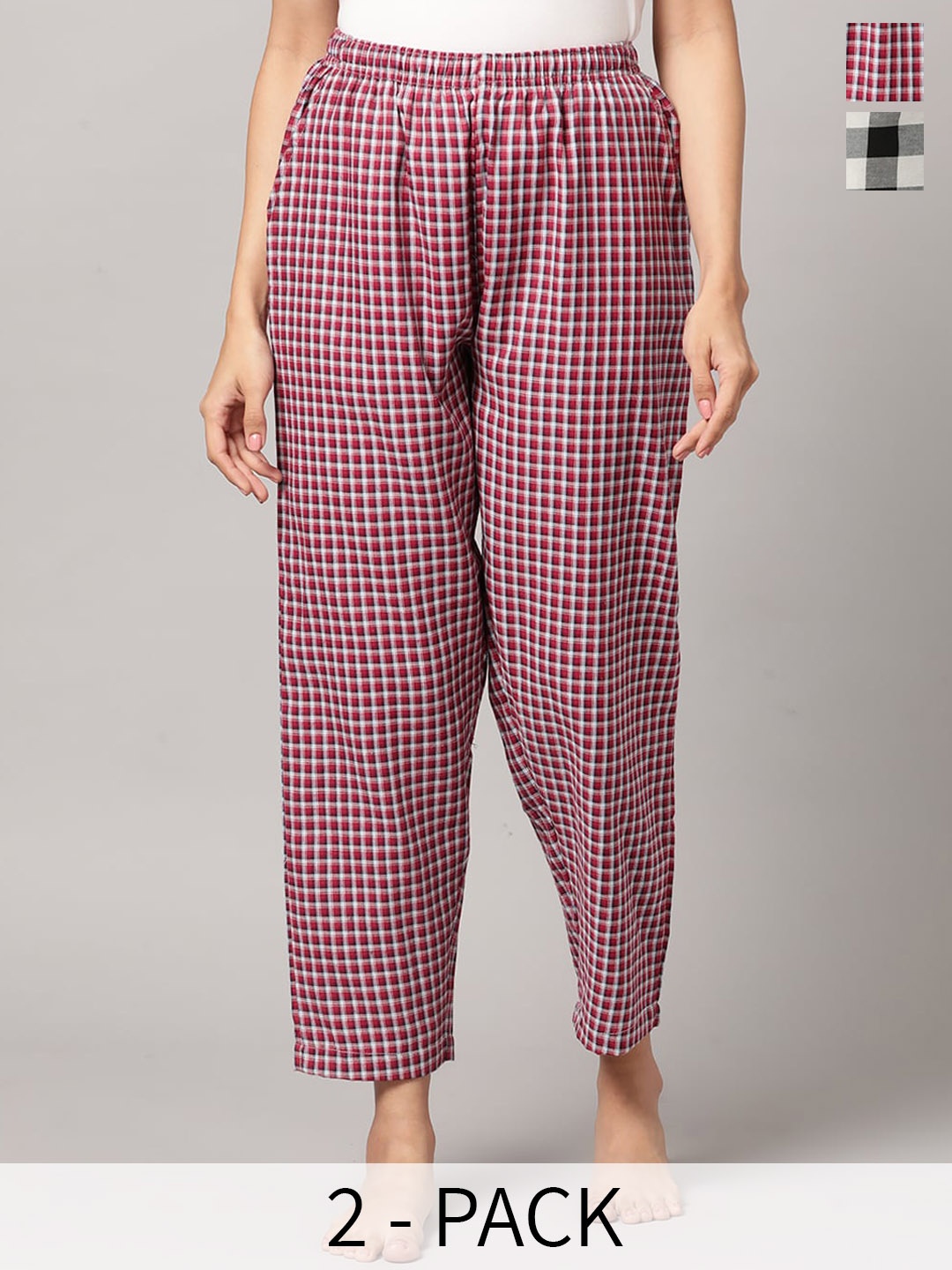 

Kryptic Women Pack Of 2 Checked Cotton Lounge Pants, Maroon