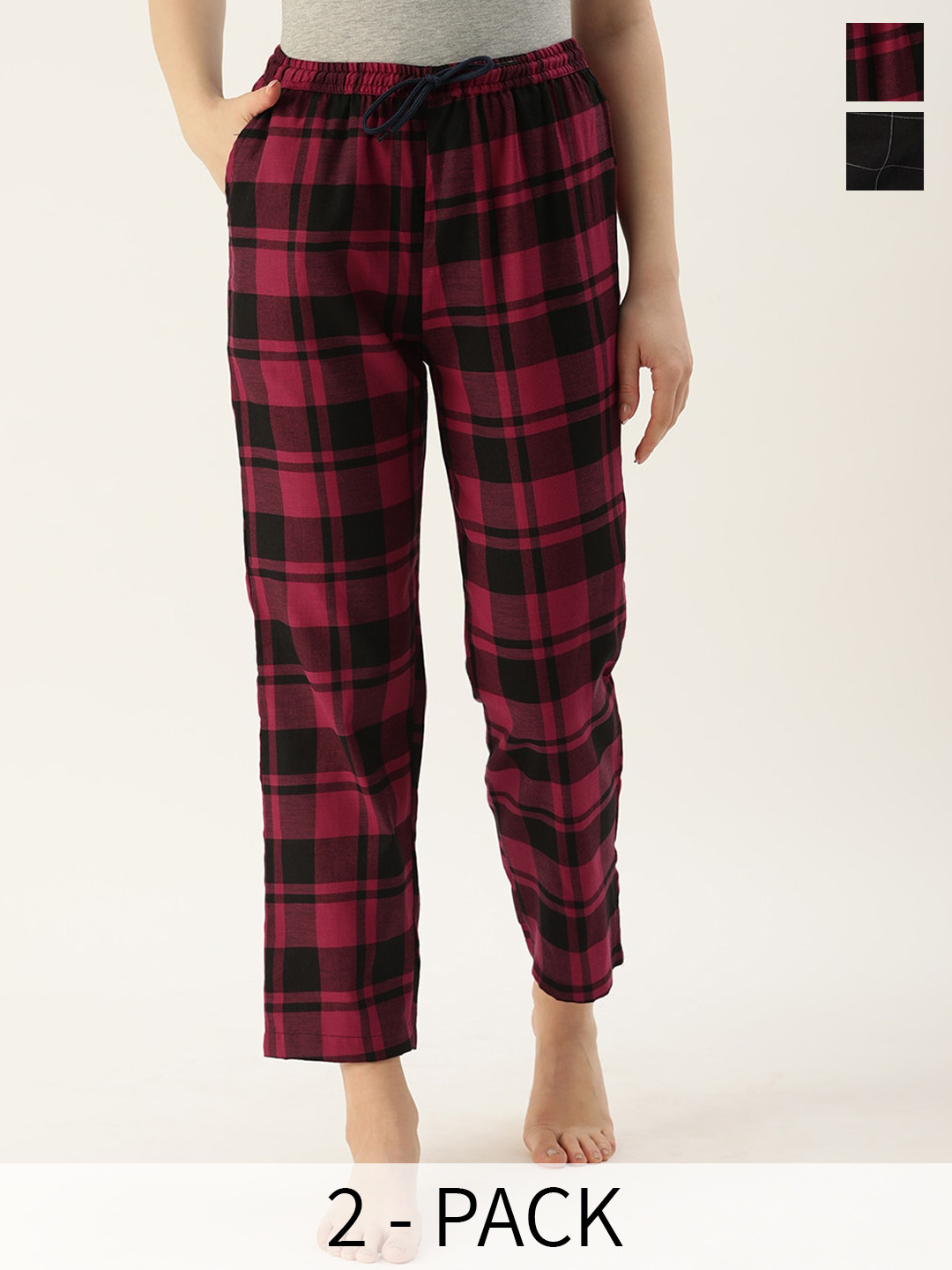 

Kryptic Women Pack Of 2 Checked Cotton Lounge Pants, Black