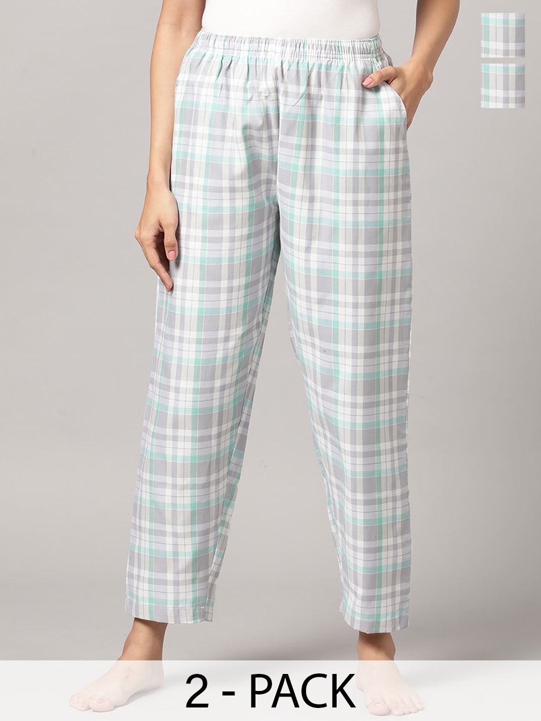 

Kryptic Women Pack Of 2 Checked Cotton Lounge Pants, Grey