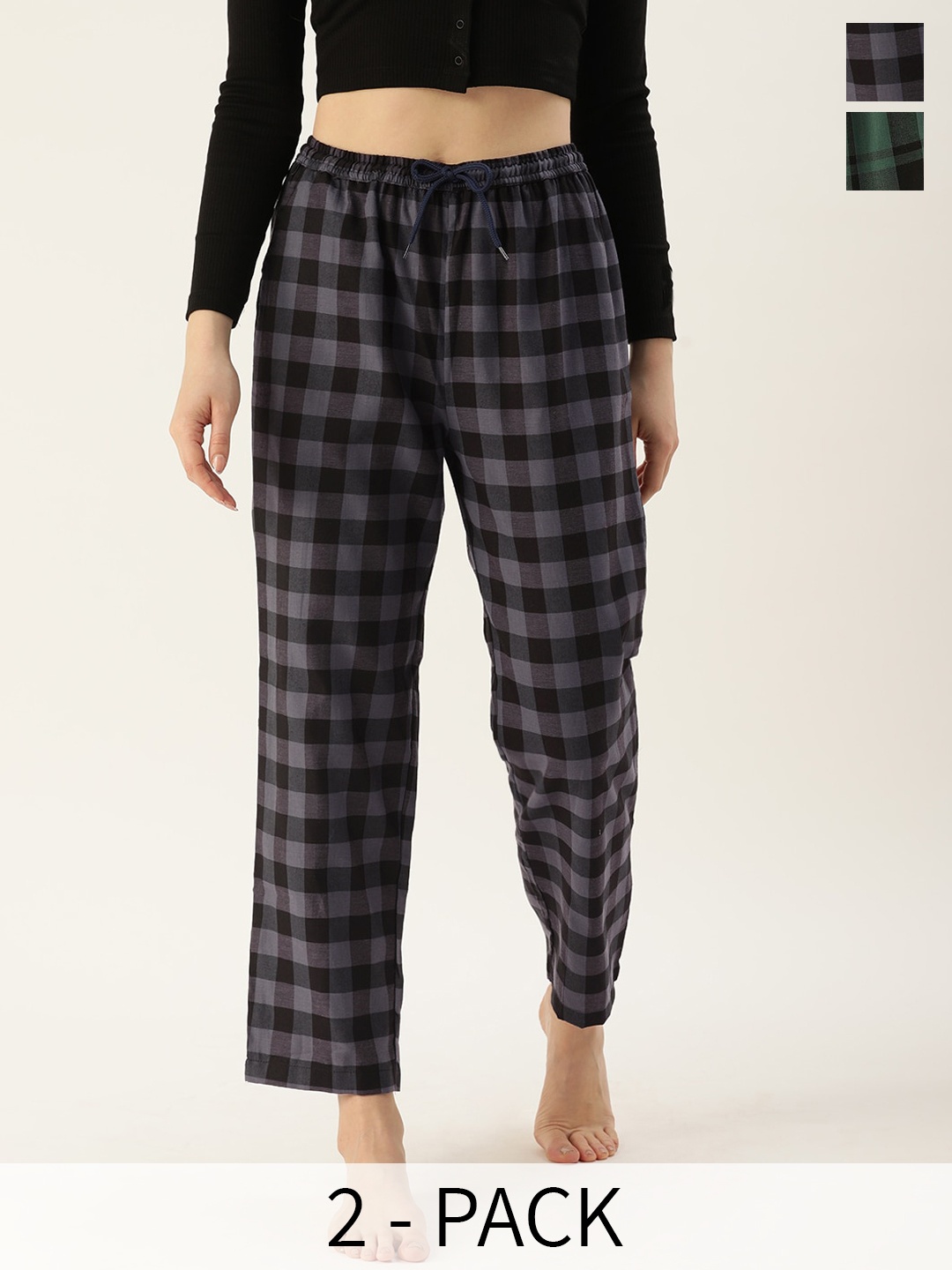 

Kryptic Women Pack Of 2 Checked Cotton Lounge Pants, Green