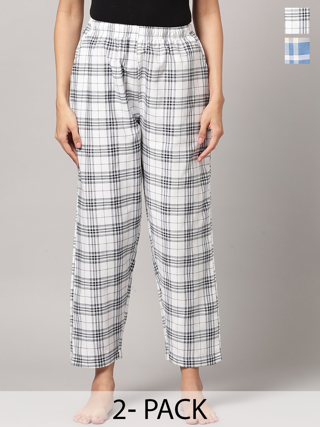 

Kryptic Women Pack Of 2 Checked Cotton Lounge Pants, Blue