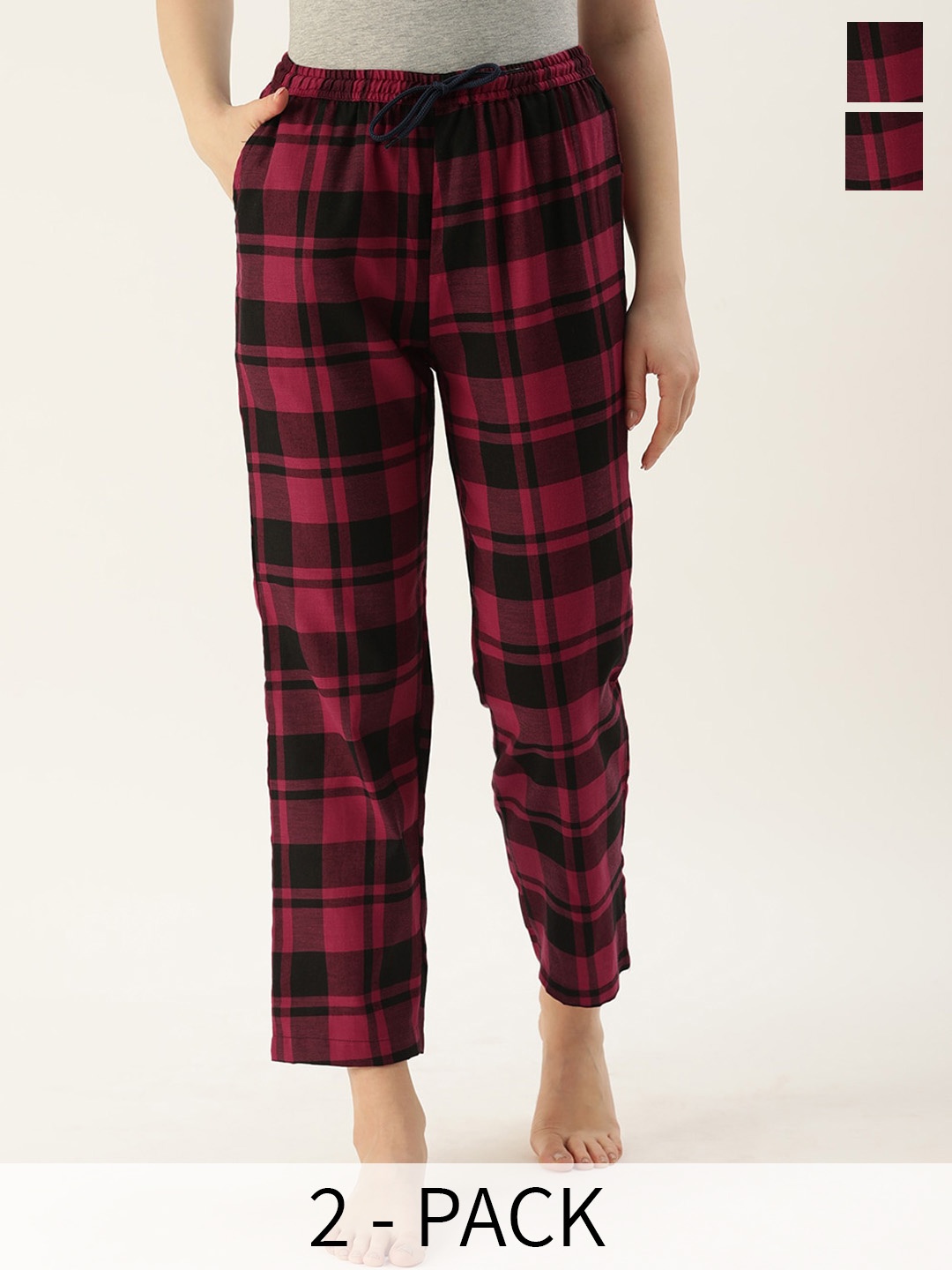

Kryptic Women Pack Of 2 Checked Cotton Lounge Pants, Maroon
