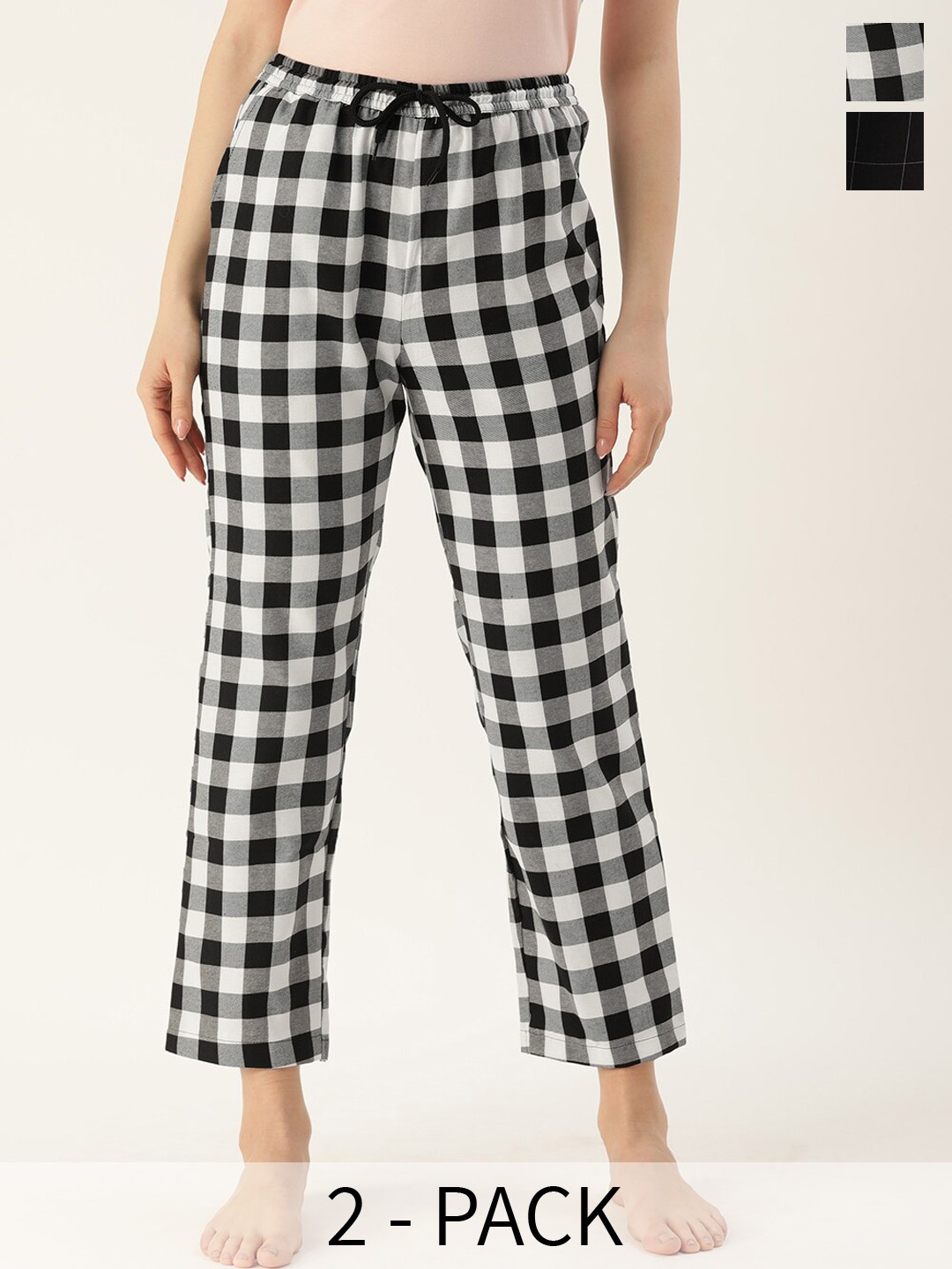 

Kryptic Women Pack Of 2 Checked Cotton Lounge Pants, Black