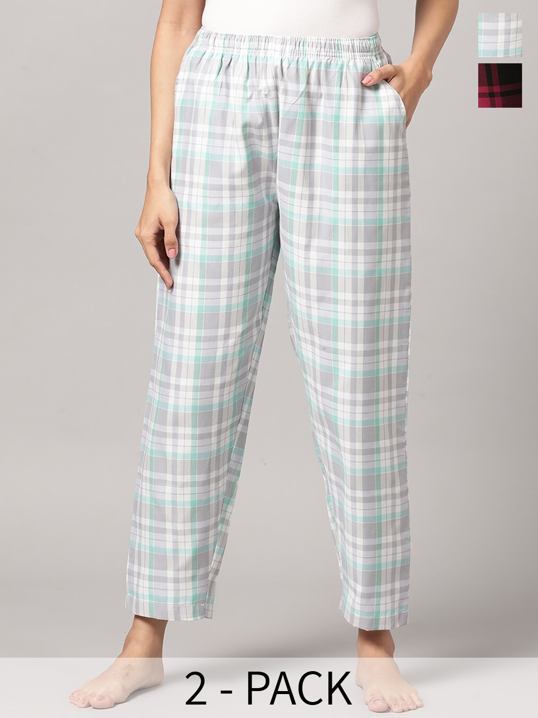 

Kryptic Women Pack Of 2 Checked Cotton Lounge Pants, Grey