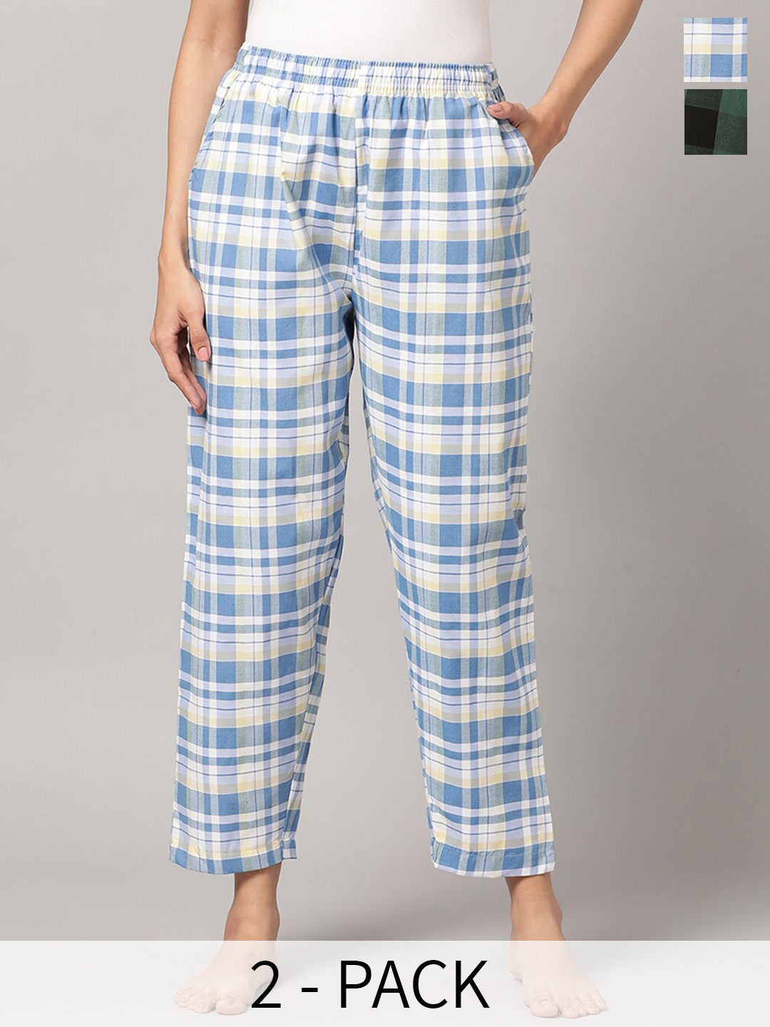 

Kryptic Women Pack Of 2 Checked Cotton Lounge Pants, Blue