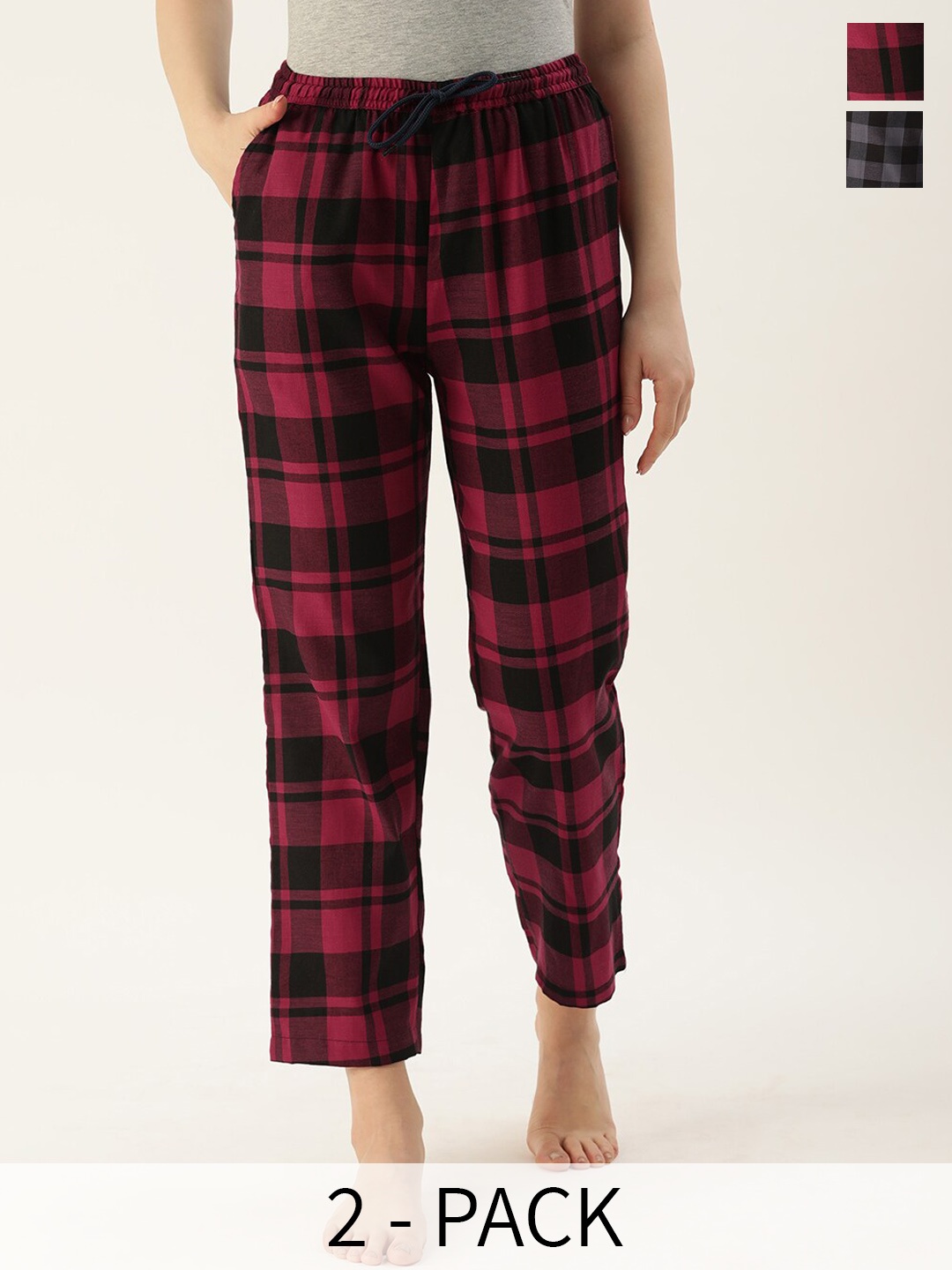 

Kryptic Women Pack Of 2 Checked Cotton Lounge Pants, Maroon