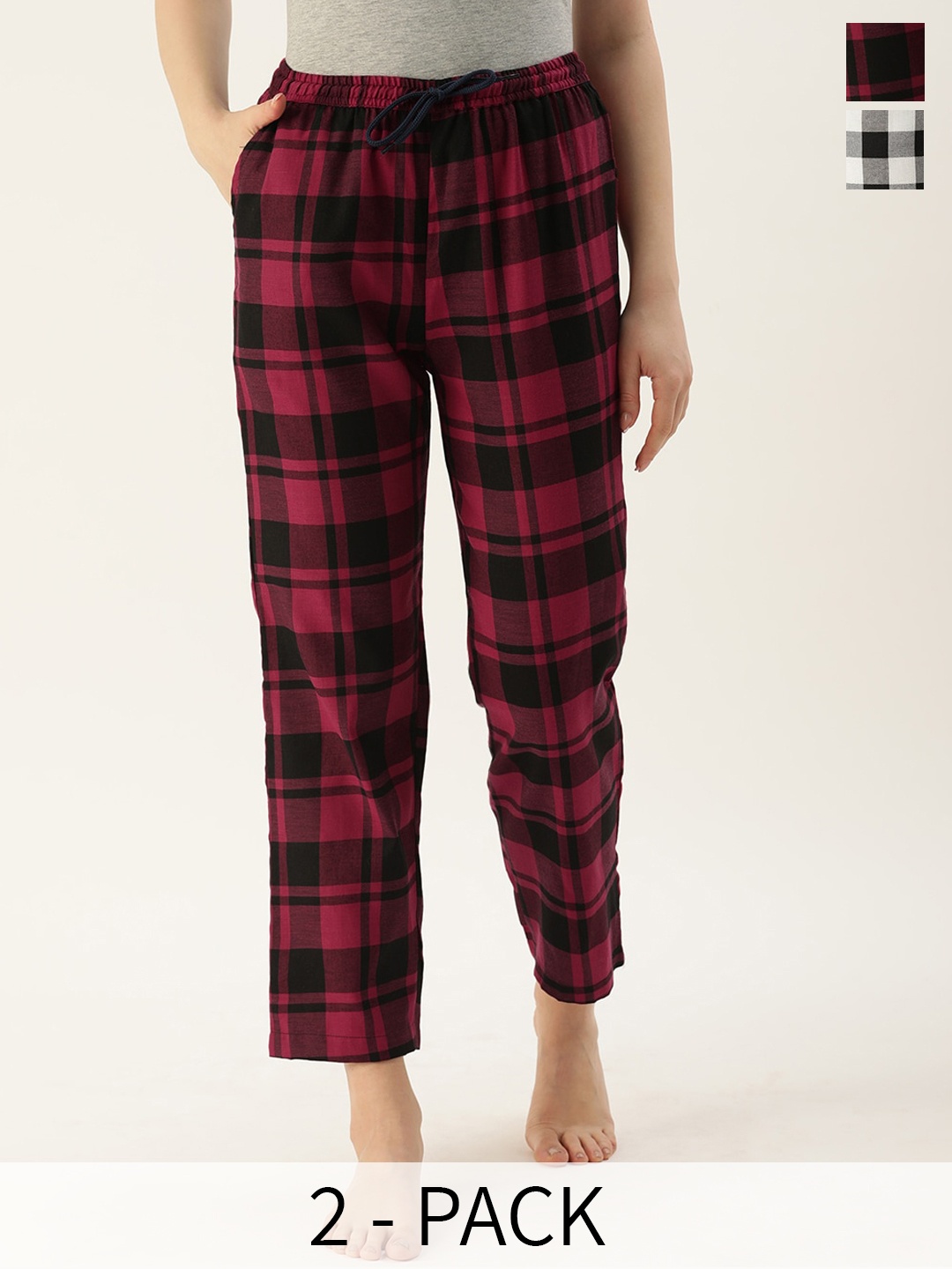 

Kryptic Women Pack Of 2 Checked Cotton Lounge Pants, Maroon