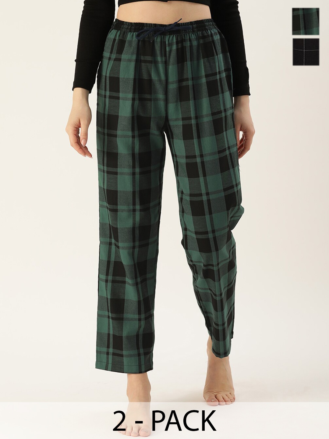 

Kryptic Women Pack Of 2 Checked Cotton Lounge Pants, Black