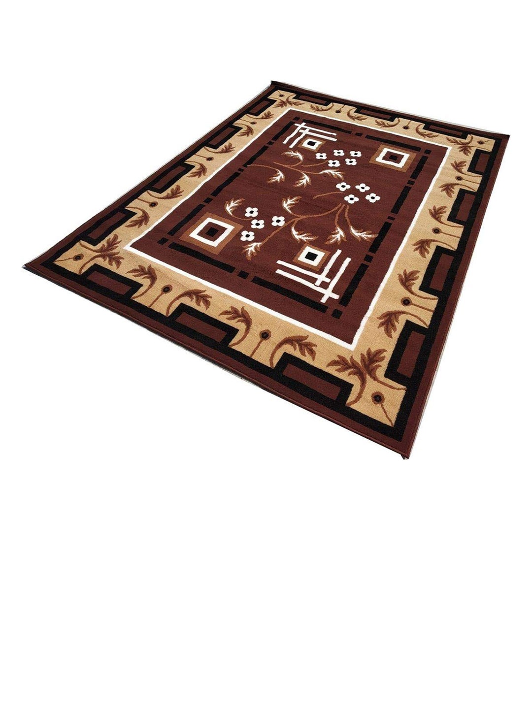 F & B RUGS Brown & White Floral Anti-Skid Light Carpet