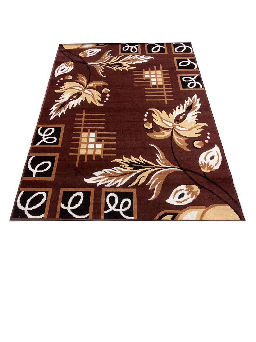 F & B RUGS Brown & White Floral Anti-Skid Light Carpet