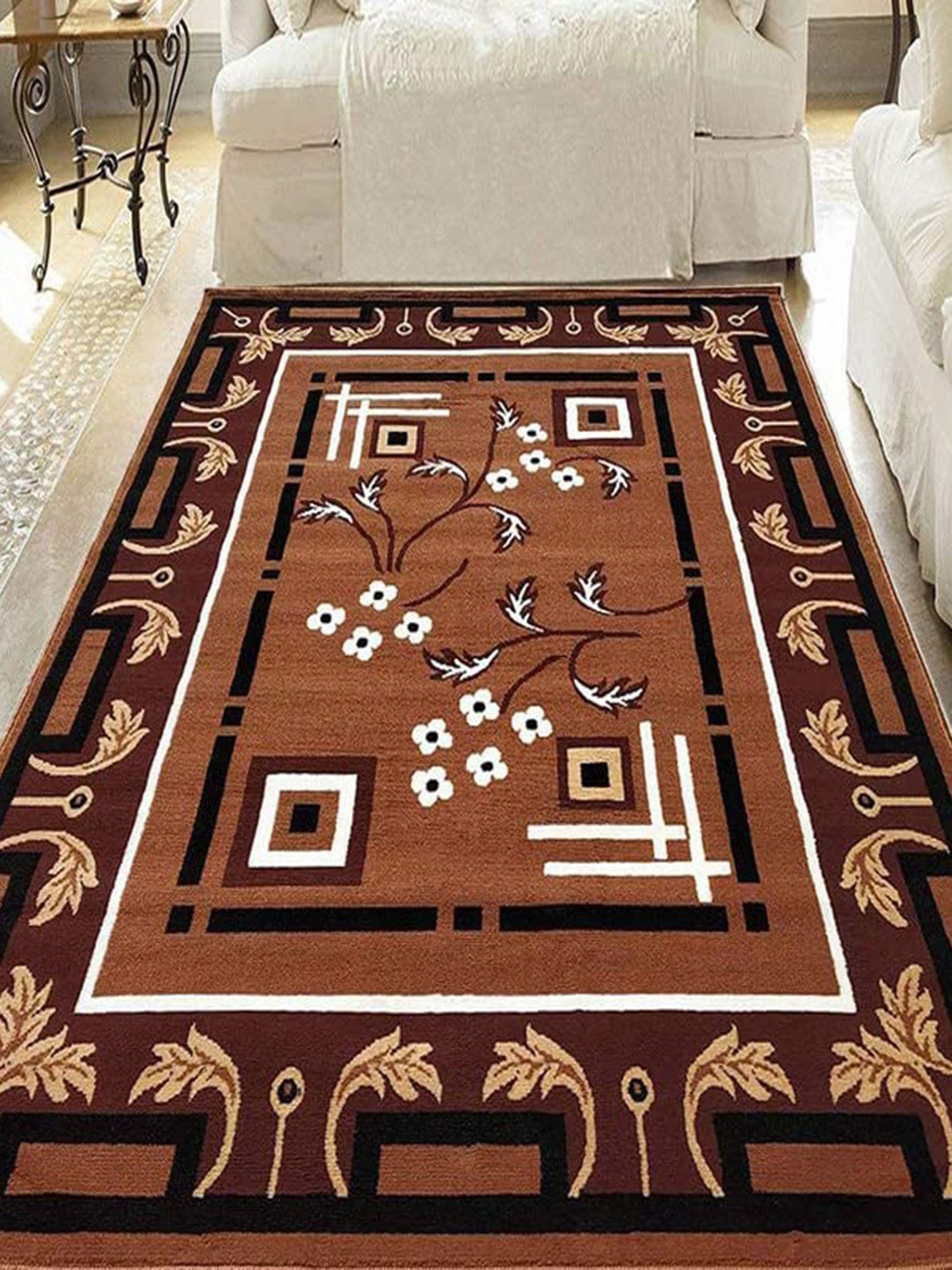 F & B RUGS Gold -Toned & White Floral Anti-Skid Light Carpet