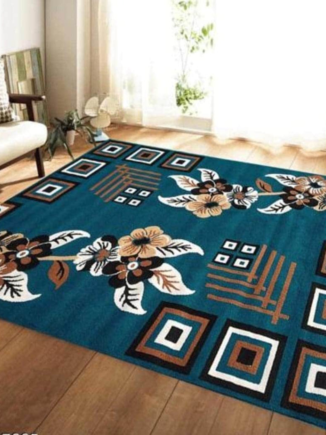 

F & B RUGS Blue & White Floral Anti-Skid Light Carpet