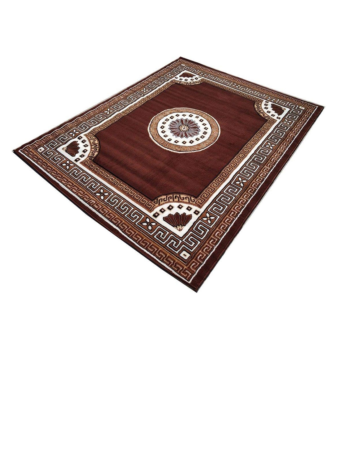F & B RUGS Brown & White Ethnic Motifs Anti-Skid Light Carpet