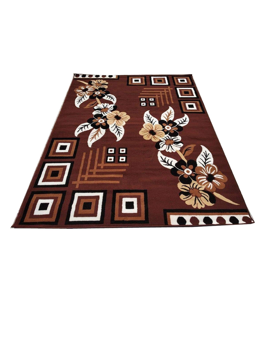 F & B RUGS Brown & White Floral Anti-Skid Light Carpet