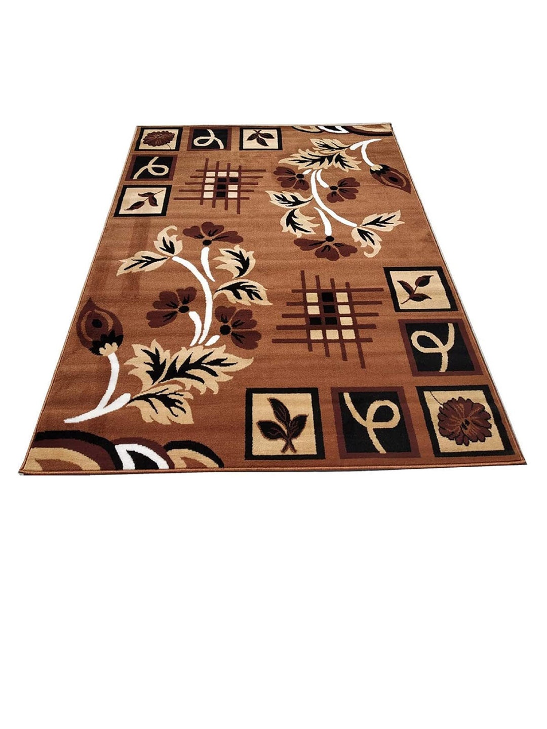 

F & B RUGS Gold-Toned & White Floral Anti-Skid Light Carpet