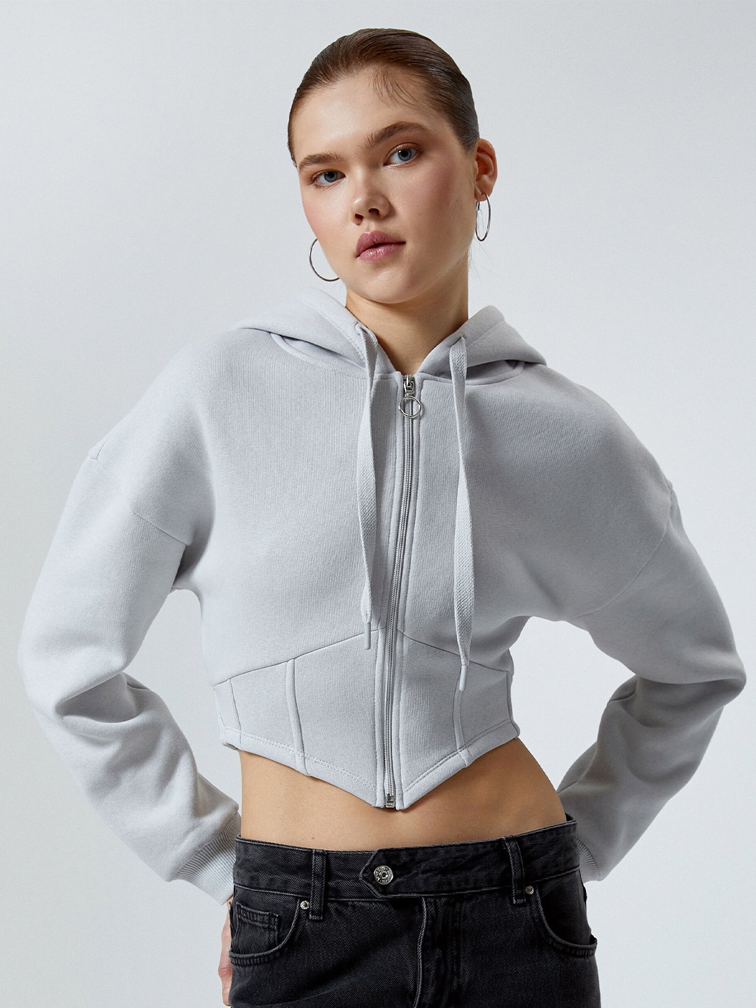 

Koton Hooded Crop Front-Open Sweatshirt, Grey