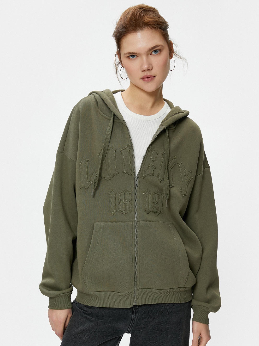 

Koton Typography Embroidered Hooded Front-Open Sweatshirt, Khaki