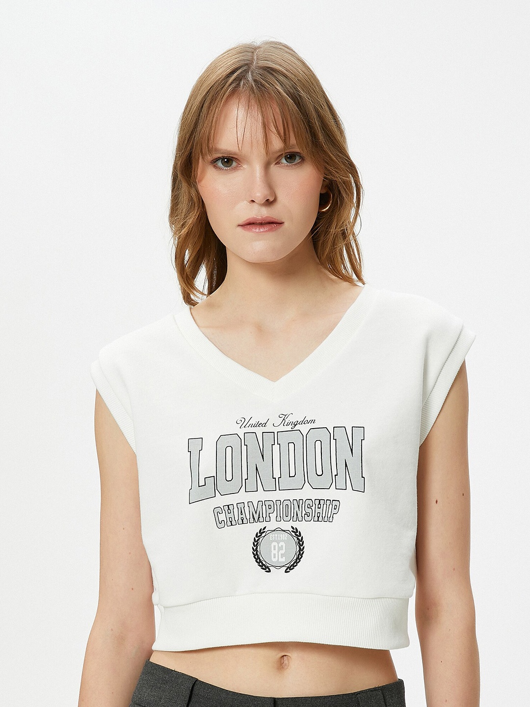 

Koton Typography Printed V-Neck Crop Pullover Sweatshirt, White