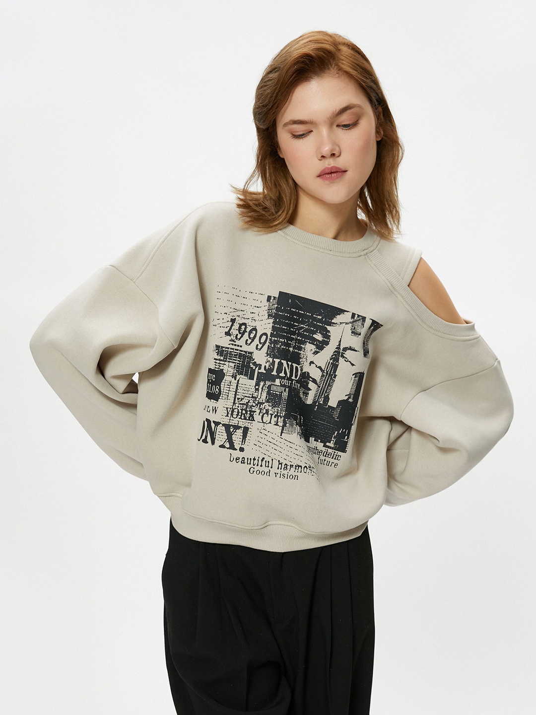

Koton Graphic Printed Round Neck Sweatshirt, Beige